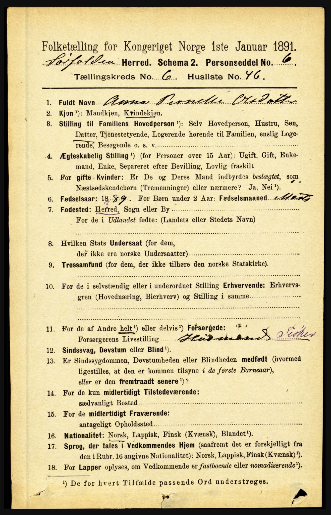 RA, 1891 census for 1845 Sørfold, 1891, p. 2147