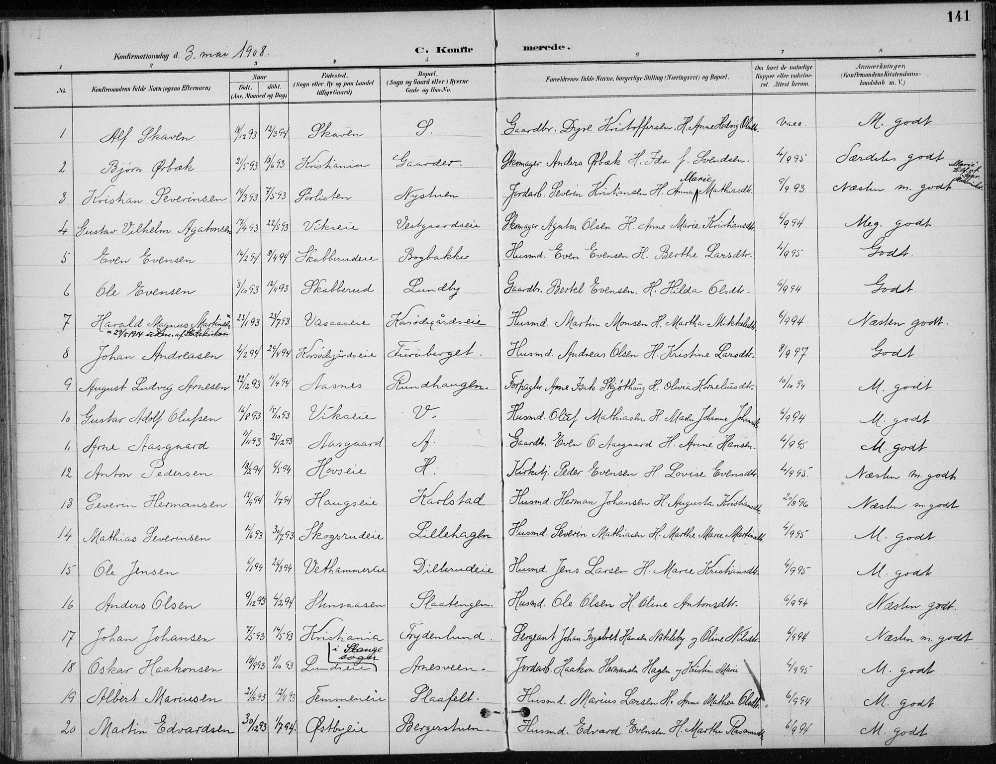 Stange prestekontor, SAH/PREST-002/K/L0023: Parish register (official) no. 23, 1897-1920, p. 141