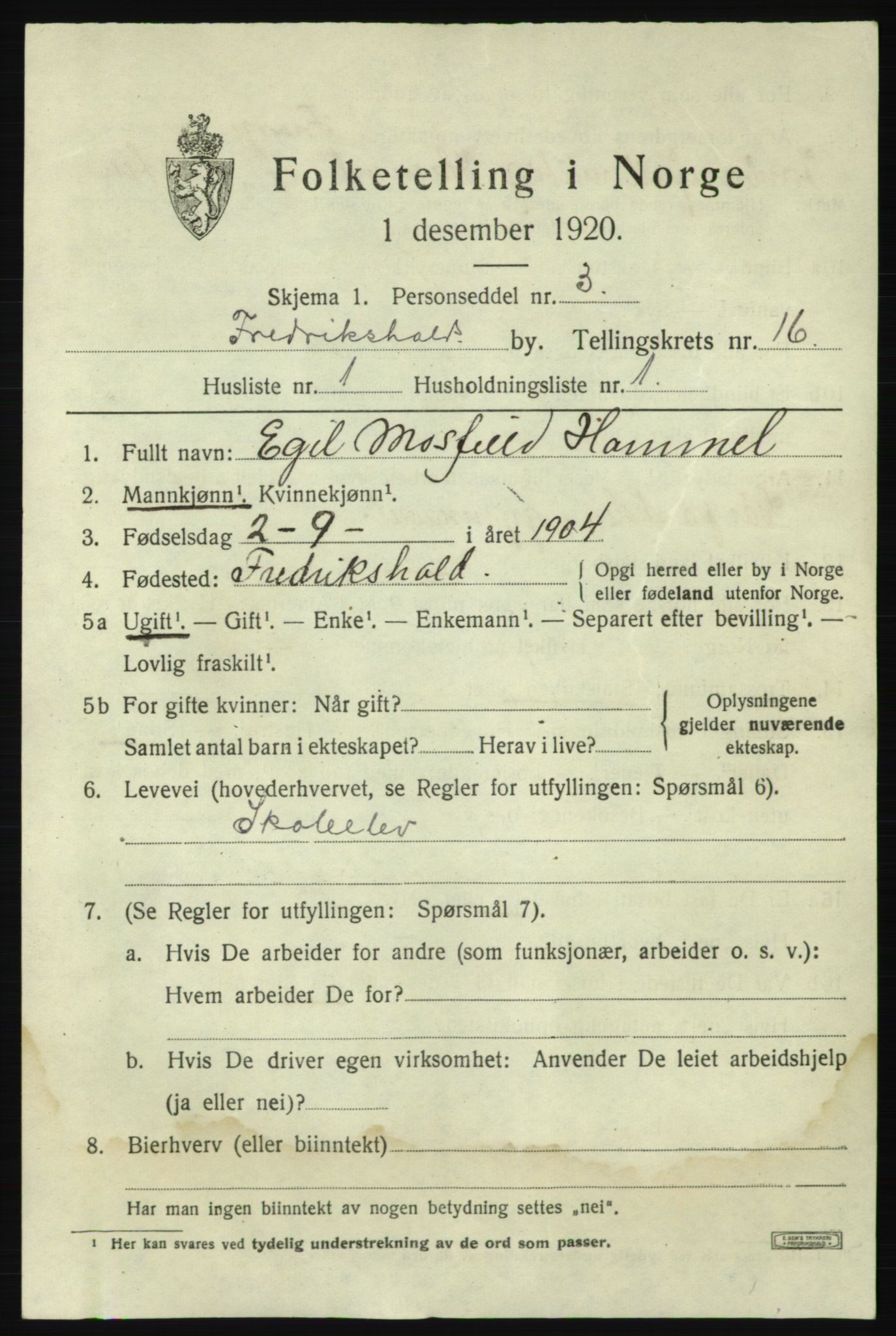 SAO, 1920 census for Fredrikshald, 1920, p. 24737