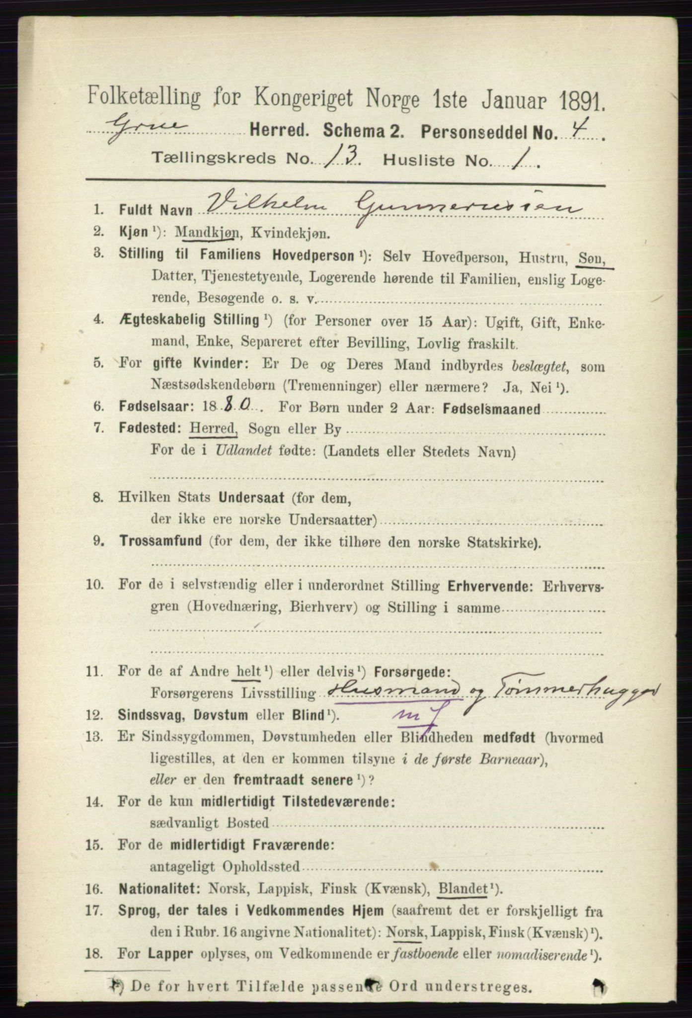 RA, 1891 census for 0423 Grue, 1891, p. 6568