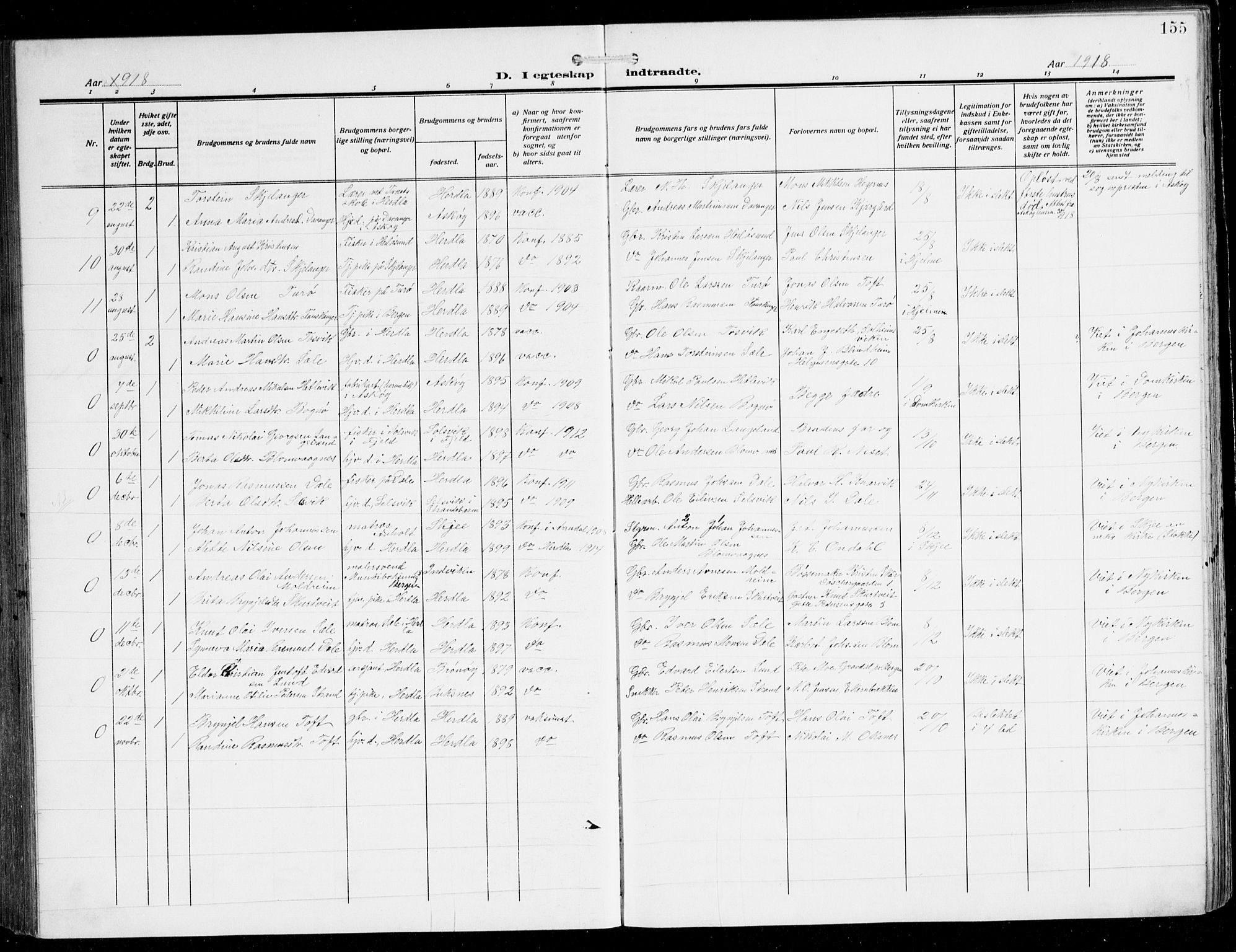 Herdla Sokneprestembete, SAB/A-75701/H/Hab: Parish register (copy) no. C 2, 1913-1926, p. 155