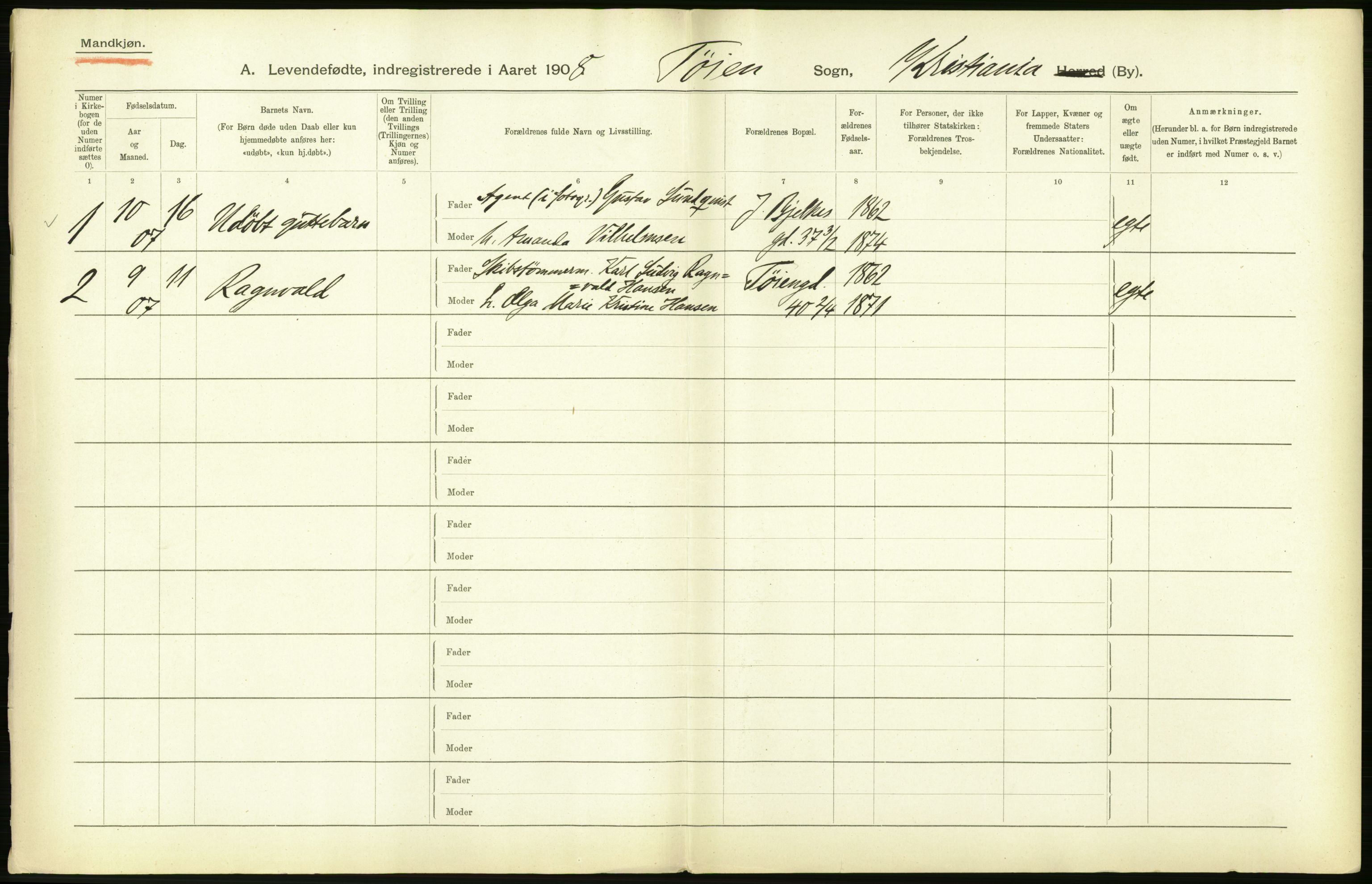 Statistisk sentralbyrå, Sosiodemografiske emner, Befolkning, AV/RA-S-2228/D/Df/Dfa/Dfaf/L0005: Kristiania: Levendefødte menn og kvinner., 1908, p. 50