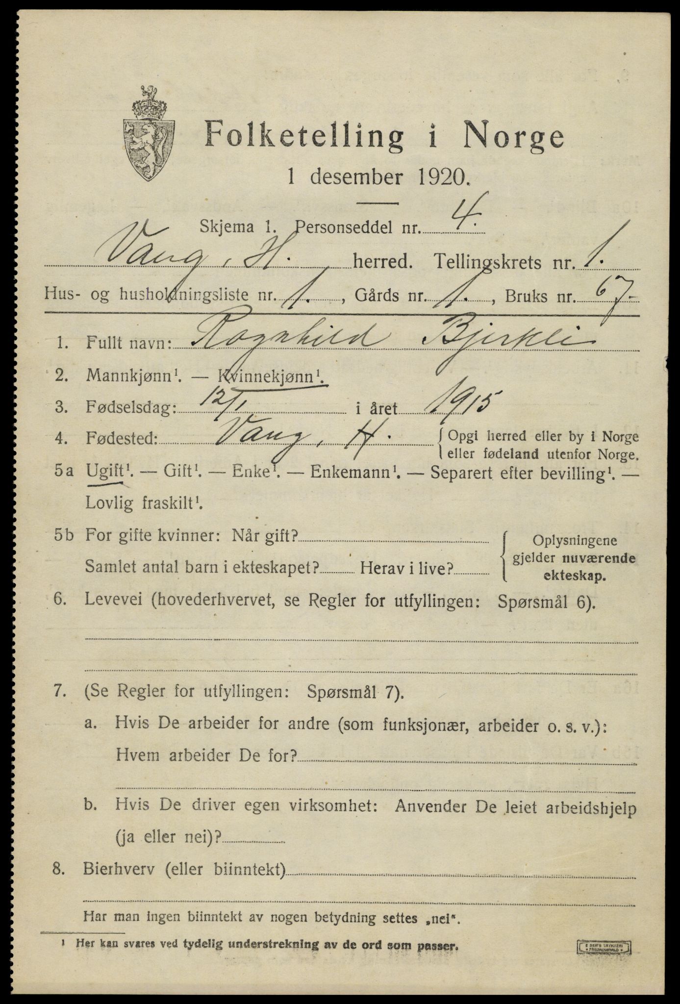 SAH, 1920 census for Vang (Hedmark), 1920, p. 2789