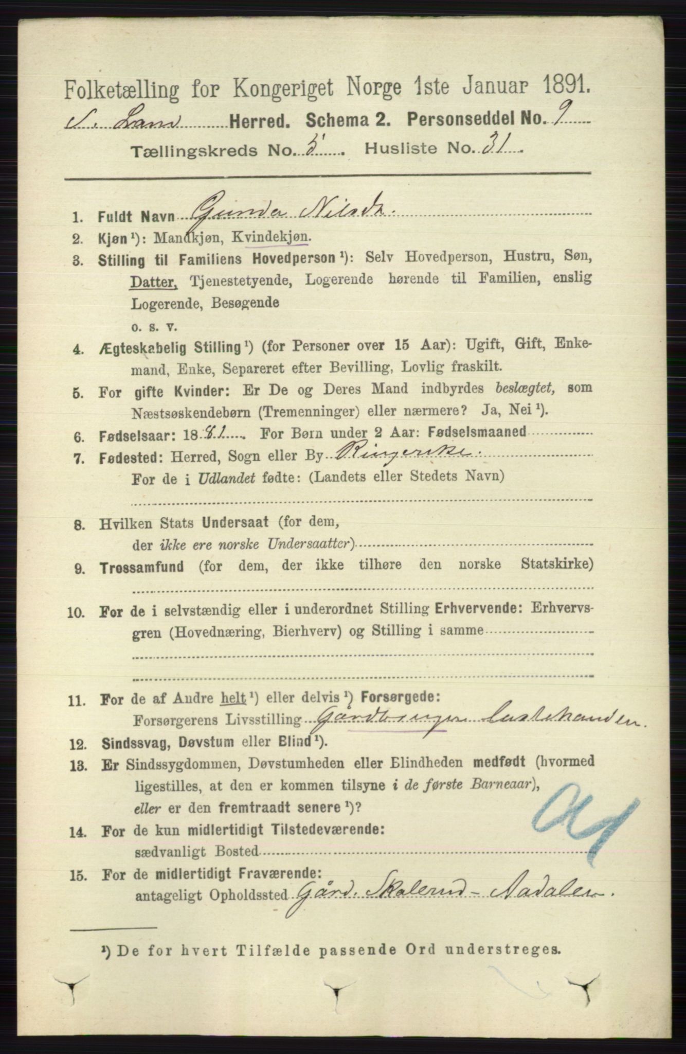 RA, 1891 census for 0536 Søndre Land, 1891, p. 5017