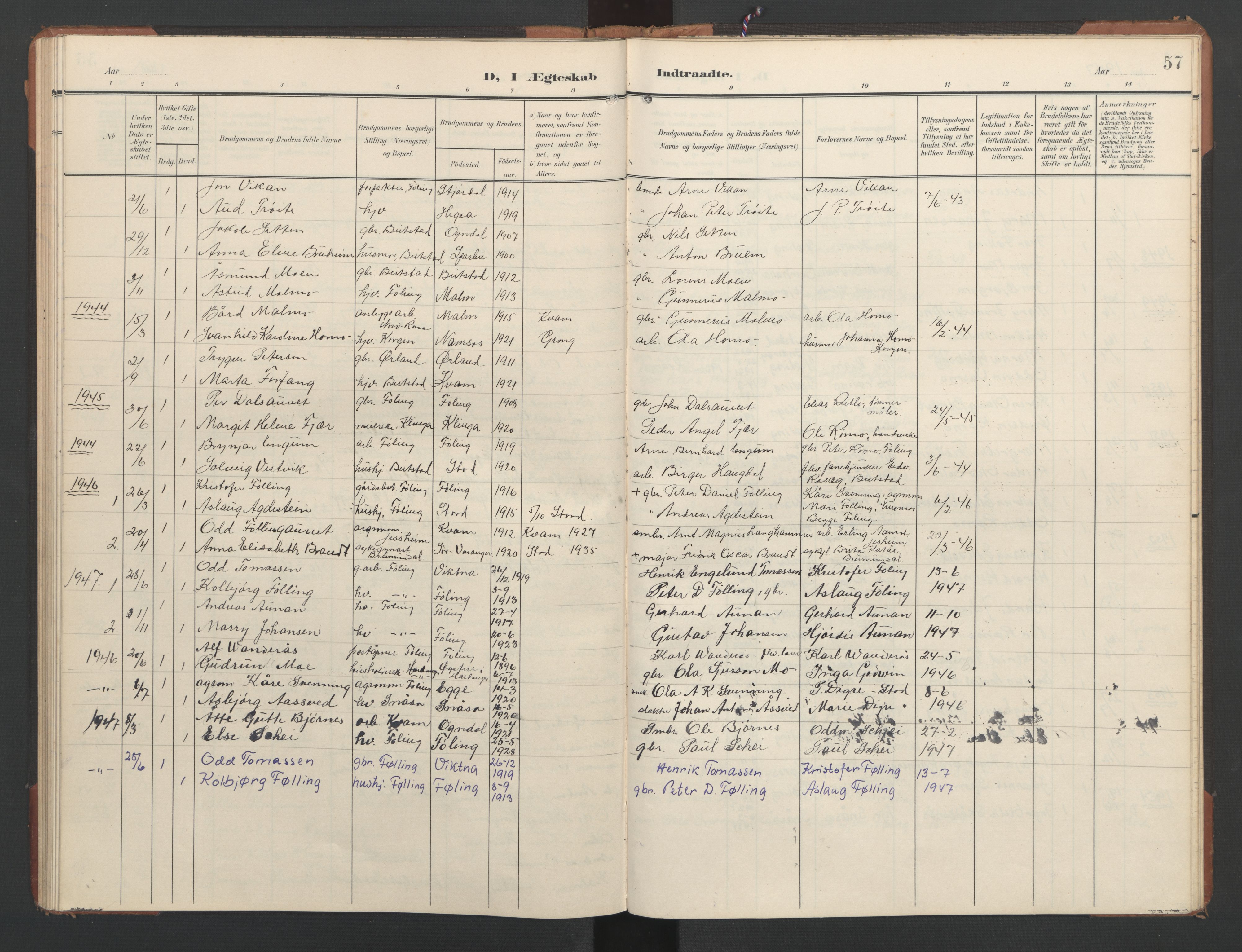 Ministerialprotokoller, klokkerbøker og fødselsregistre - Nord-Trøndelag, AV/SAT-A-1458/748/L0465: Parish register (copy) no. 748C01, 1908-1960, p. 57
