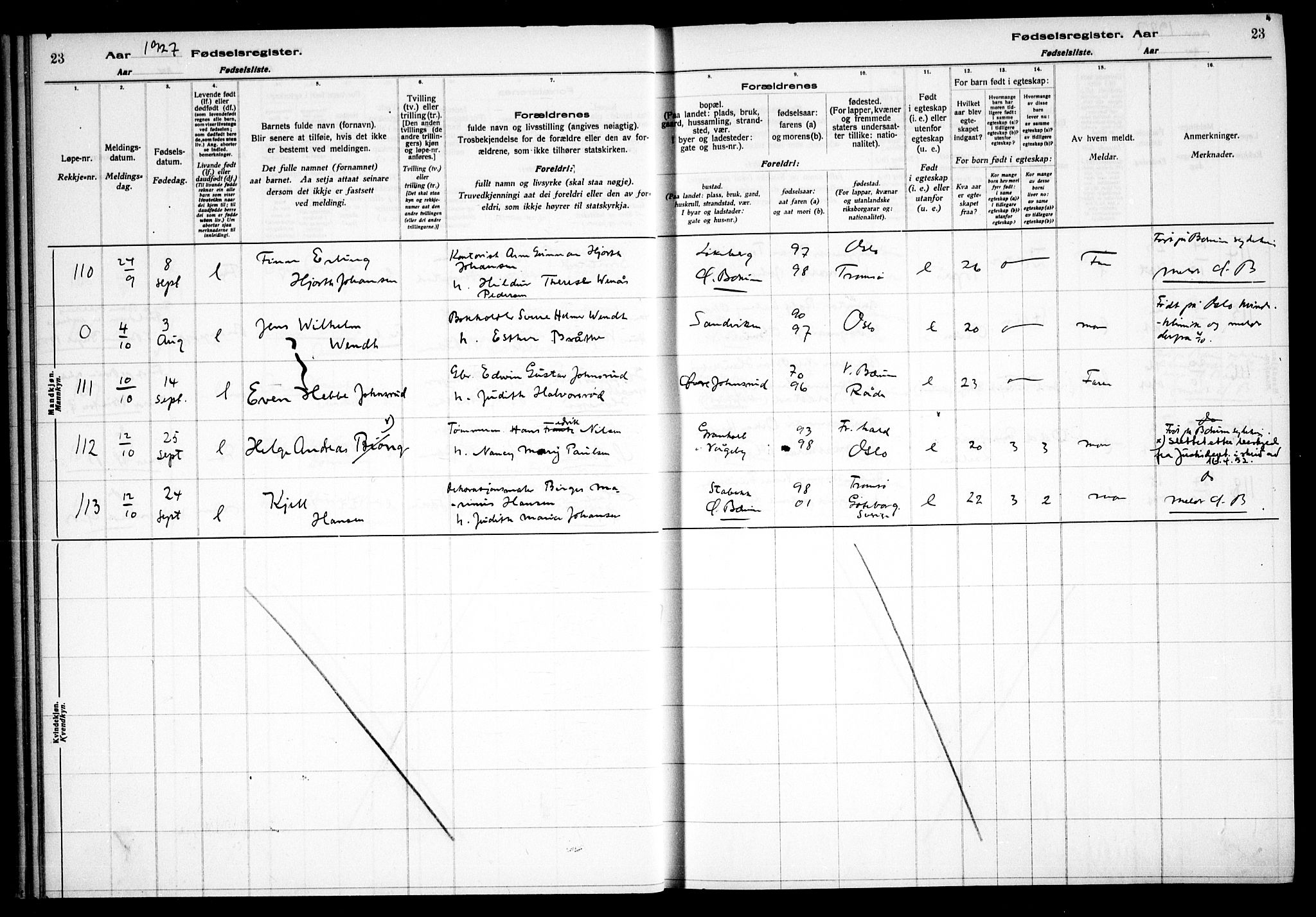 Vestre Bærum prestekontor Kirkebøker, AV/SAO-A-10209a/J/L0002: Birth register no. 2, 1927-1933, p. 23