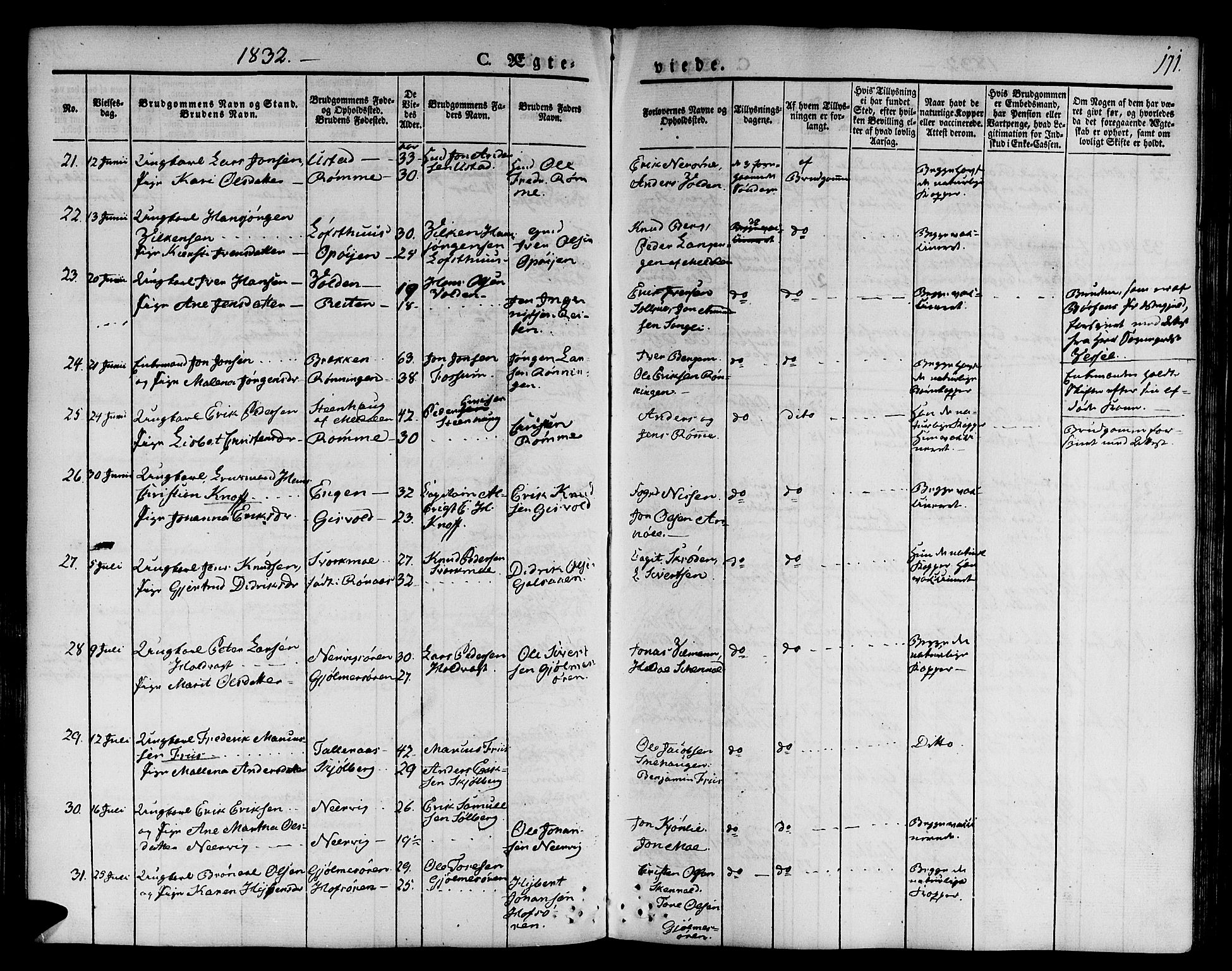 Ministerialprotokoller, klokkerbøker og fødselsregistre - Sør-Trøndelag, SAT/A-1456/668/L0804: Parish register (official) no. 668A04, 1826-1839, p. 171