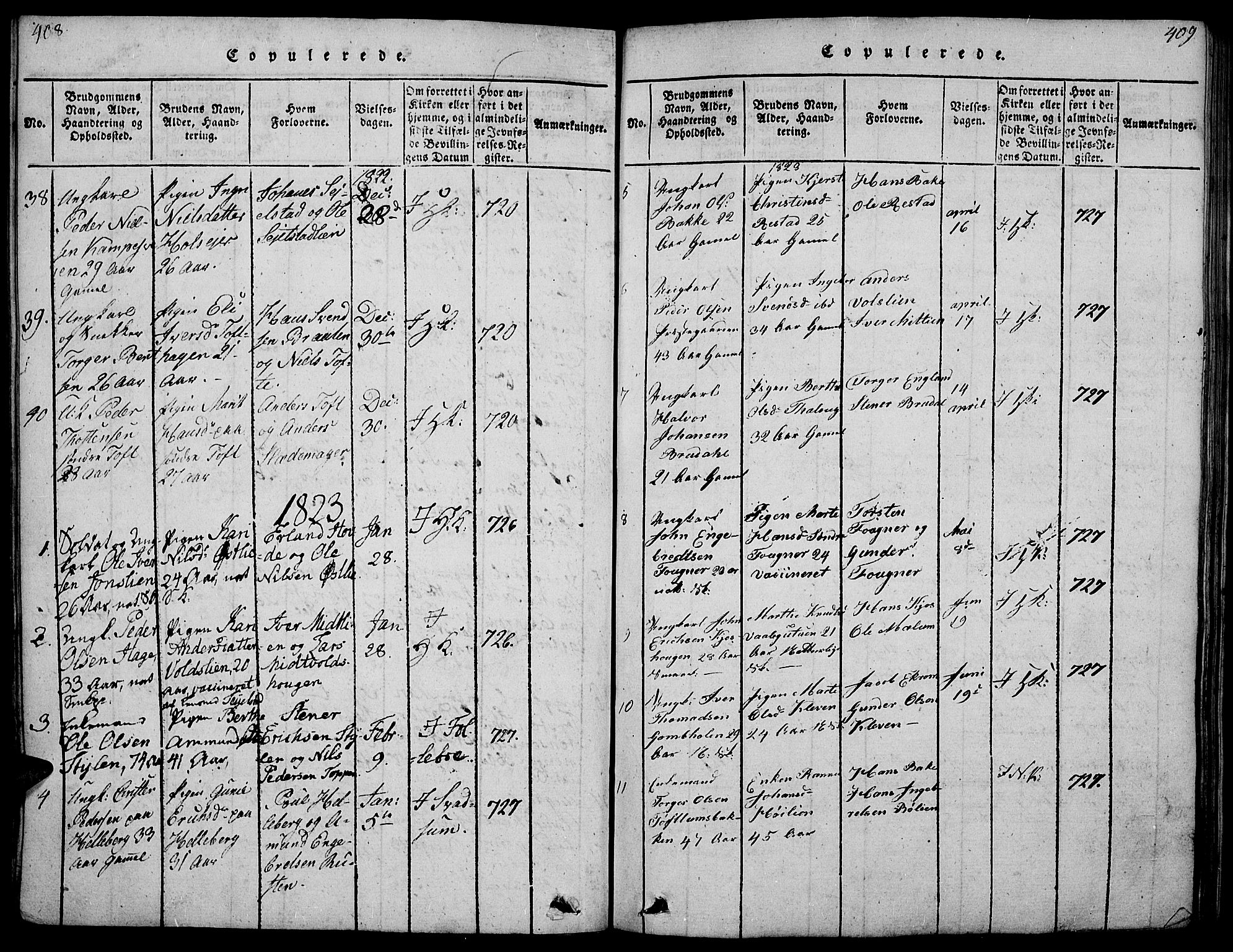Gausdal prestekontor, SAH/PREST-090/H/Ha/Haa/L0005: Parish register (official) no. 5, 1817-1829, p. 408-409