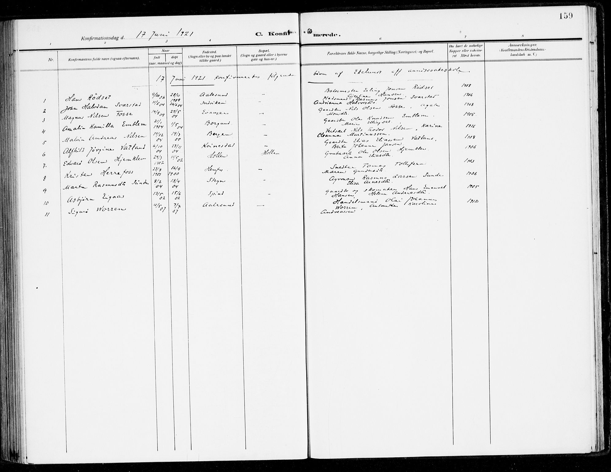 Fana Sokneprestembete, AV/SAB-A-75101/H/Haa/Haai/L0004: Parish register (official) no. I 4, 1912-1933, p. 159