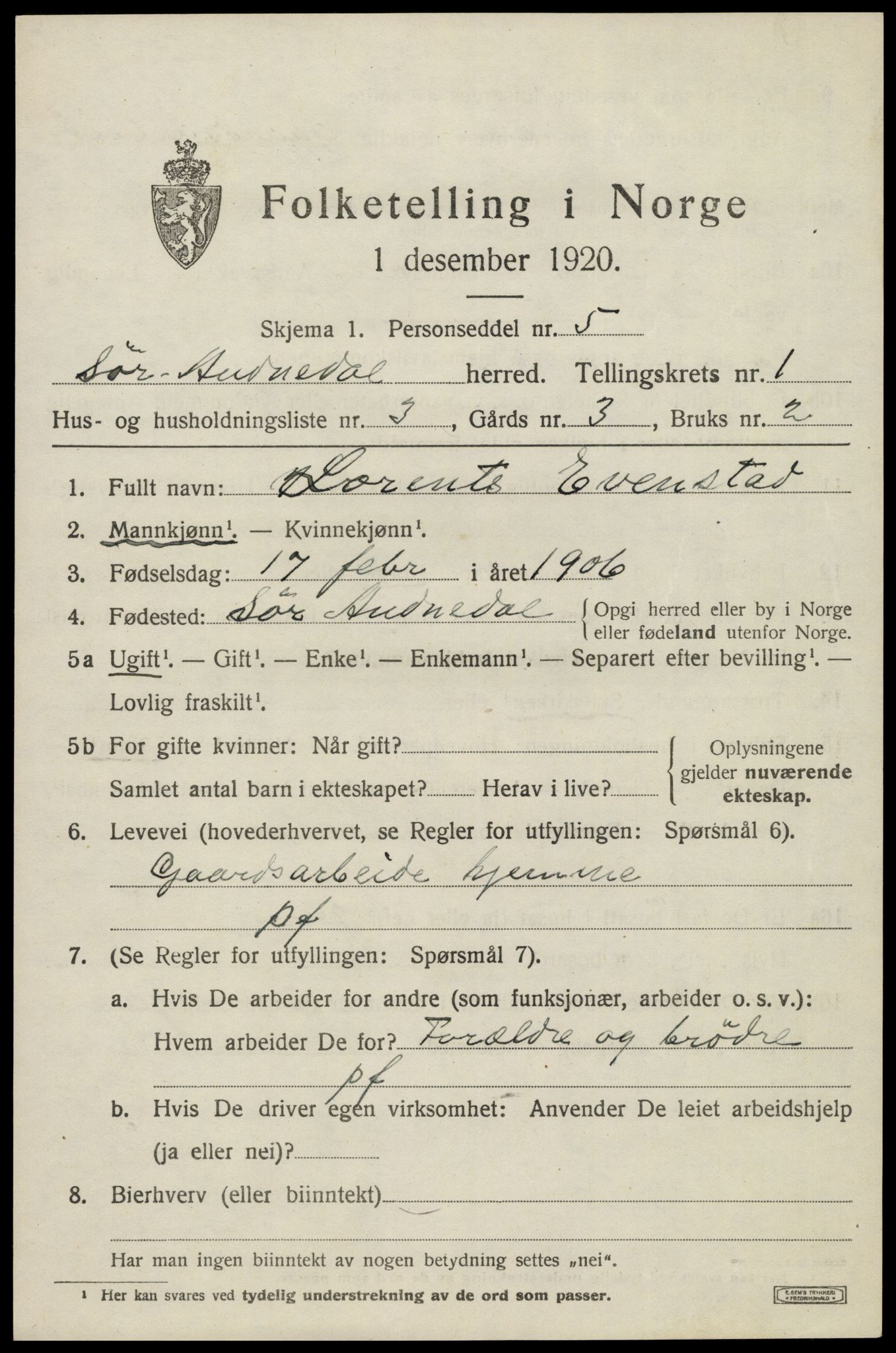 SAK, 1920 census for Sør-Audnedal, 1920, p. 1485