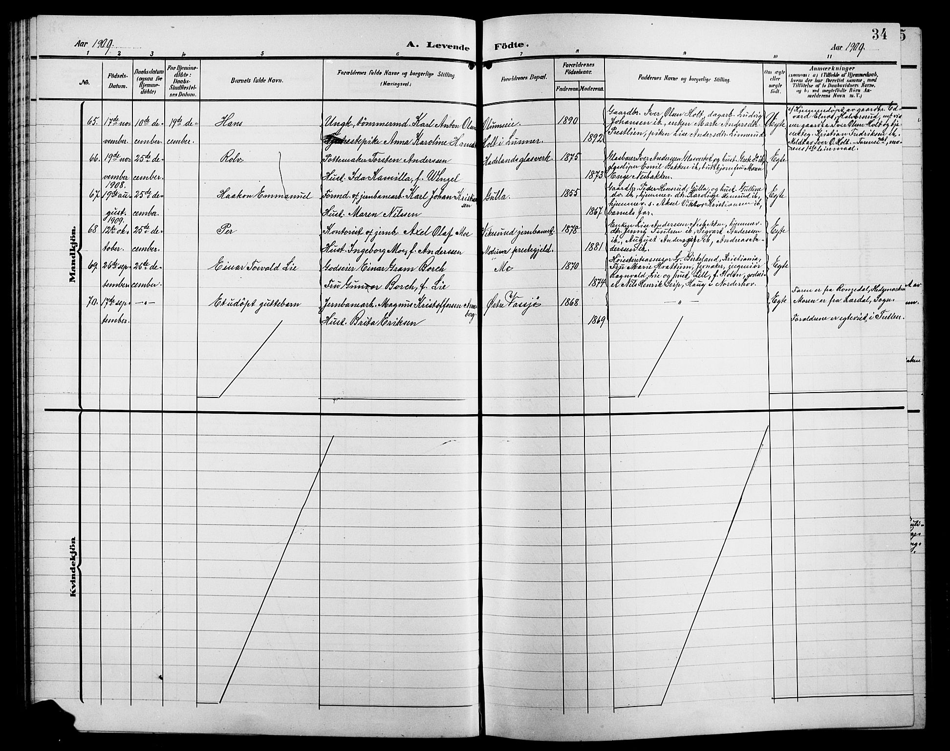 Jevnaker prestekontor, SAH/PREST-116/H/Ha/Hab/L0004: Parish register (copy) no. 4, 1907-1918, p. 34