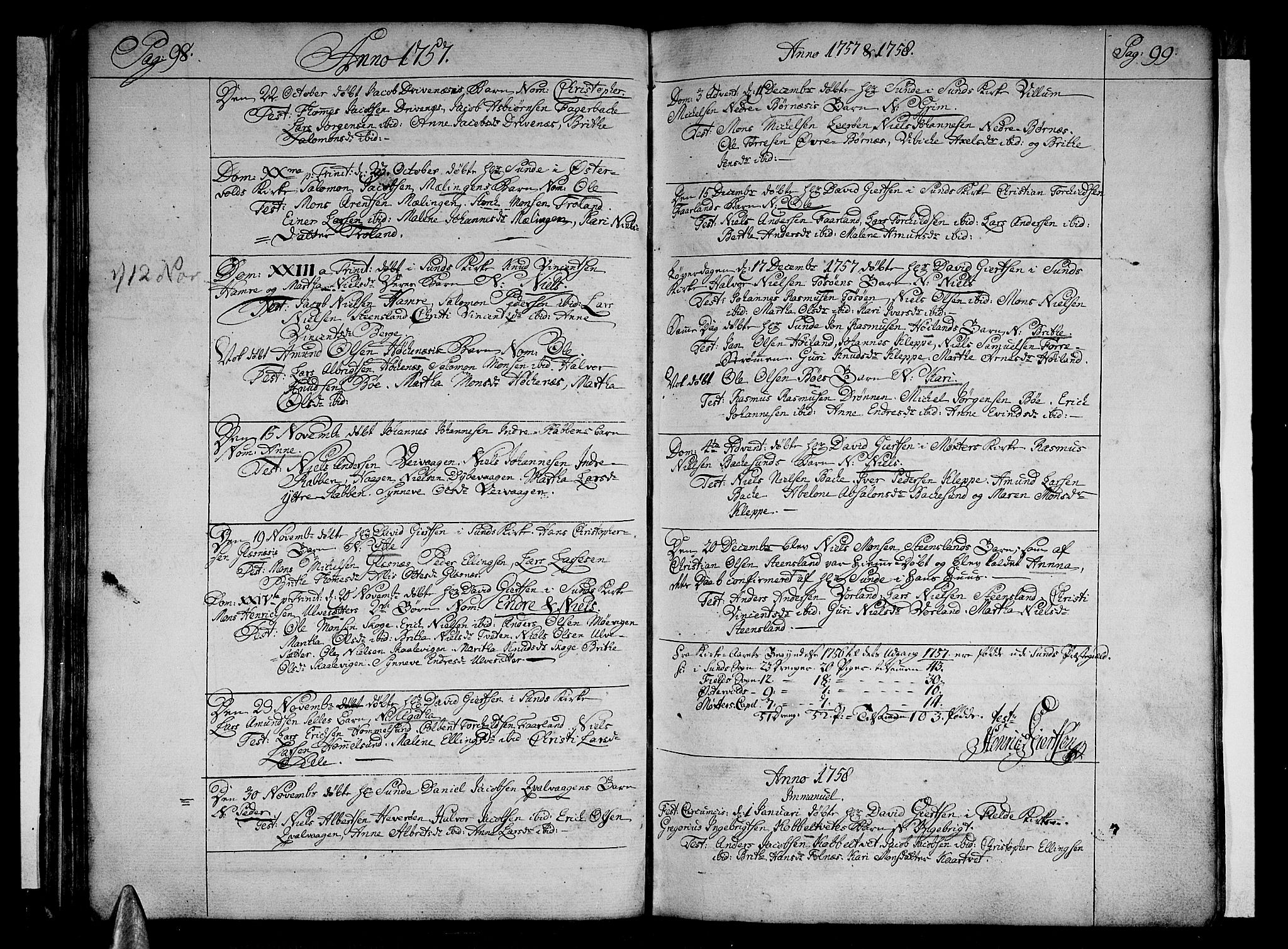 Sund sokneprestembete, SAB/A-99930: Parish register (official) no. A 4, 1748-1769, p. 98-99