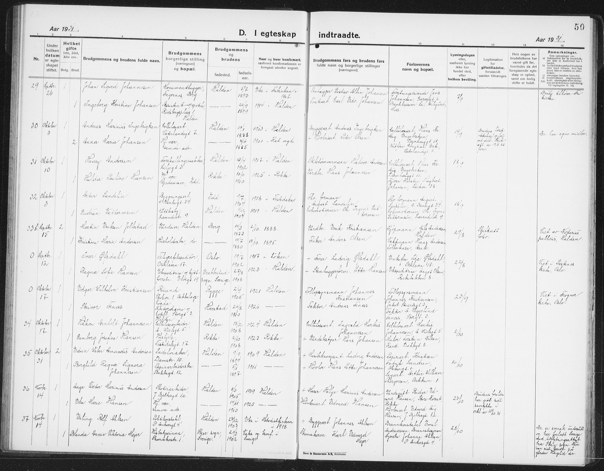 Halden prestekontor Kirkebøker, AV/SAO-A-10909/G/Ga/L0014: Parish register (copy) no. 14, 1925-1943, p. 50