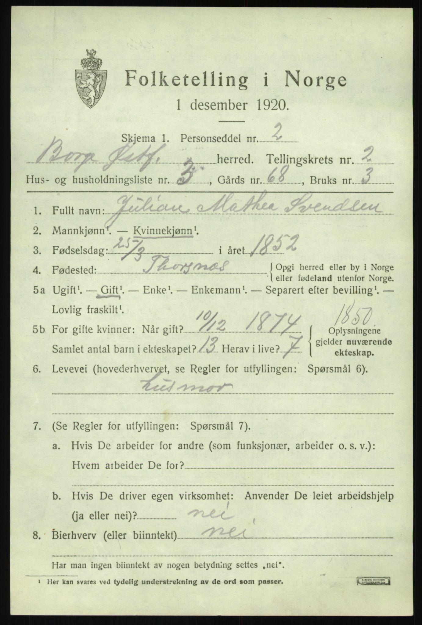 SAO, 1920 census for Borge, 1920, p. 3047