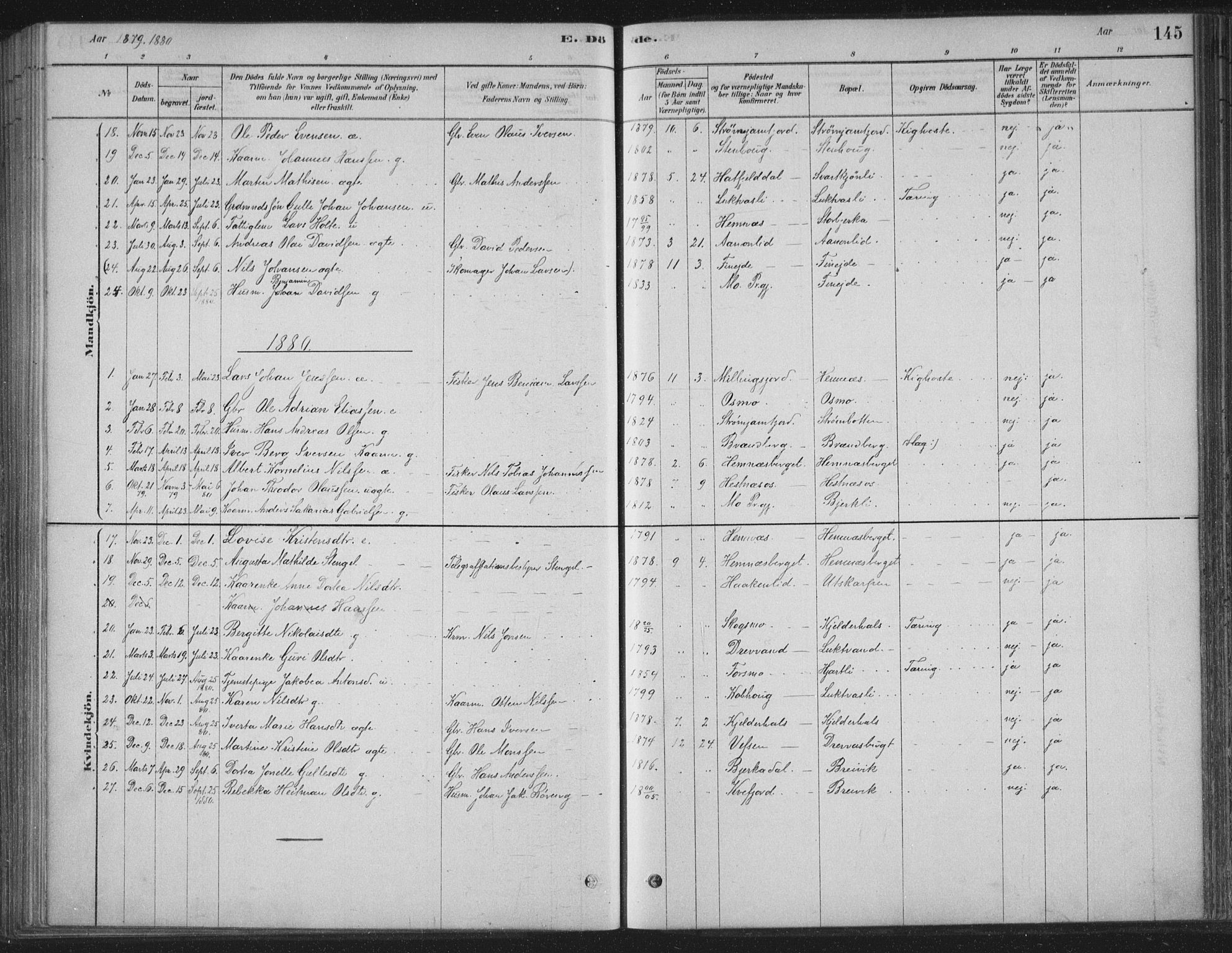 Ministerialprotokoller, klokkerbøker og fødselsregistre - Nordland, AV/SAT-A-1459/825/L0361: Parish register (official) no. 825A15, 1878-1893, p. 145