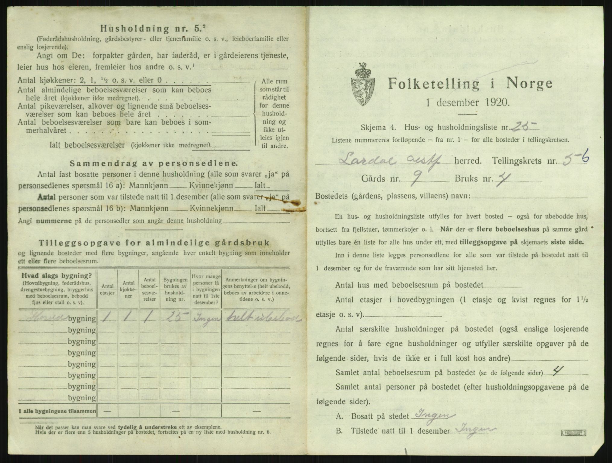 SAKO, 1920 census for Lardal, 1920, p. 869