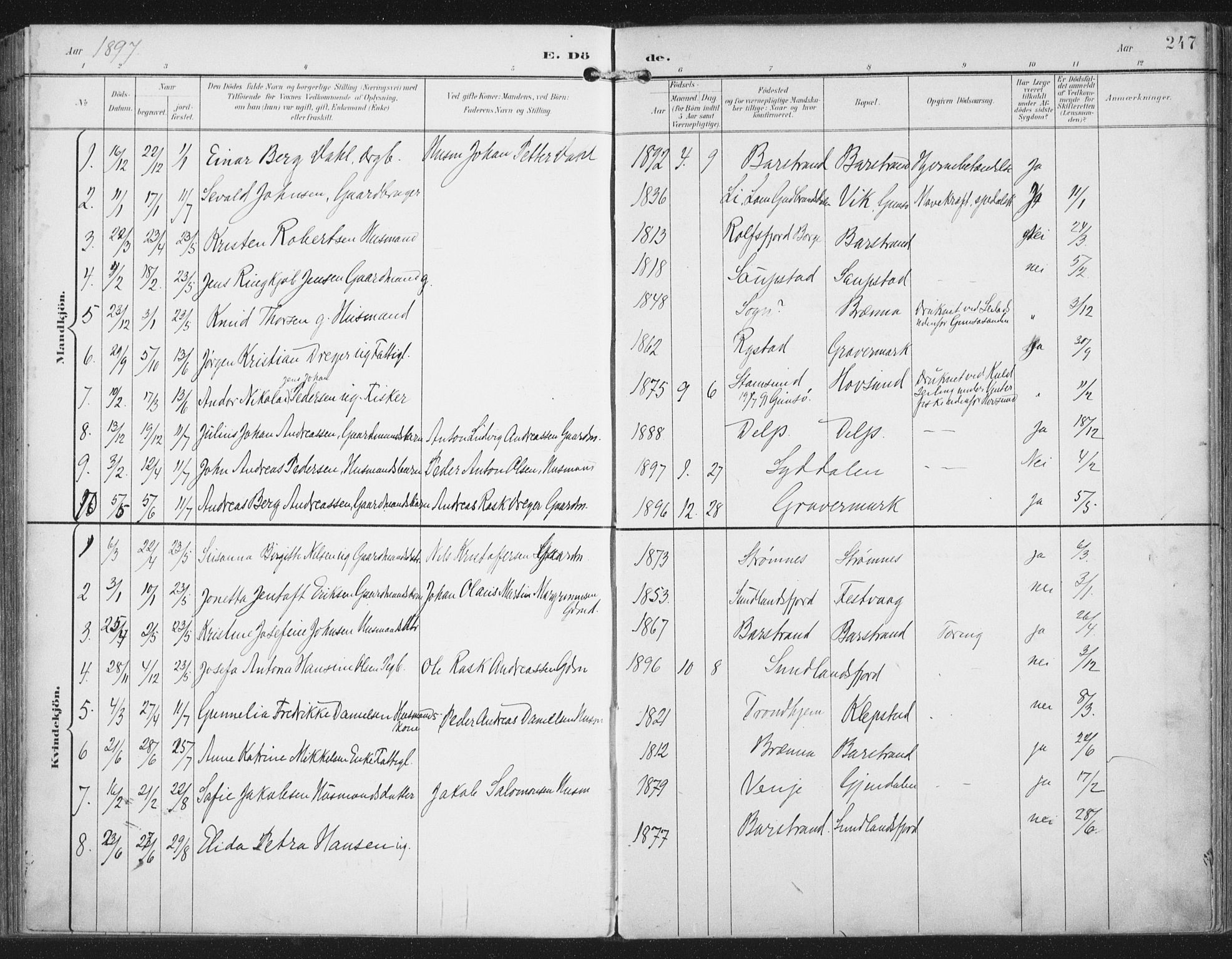 Ministerialprotokoller, klokkerbøker og fødselsregistre - Nordland, SAT/A-1459/876/L1098: Parish register (official) no. 876A04, 1896-1915, p. 247