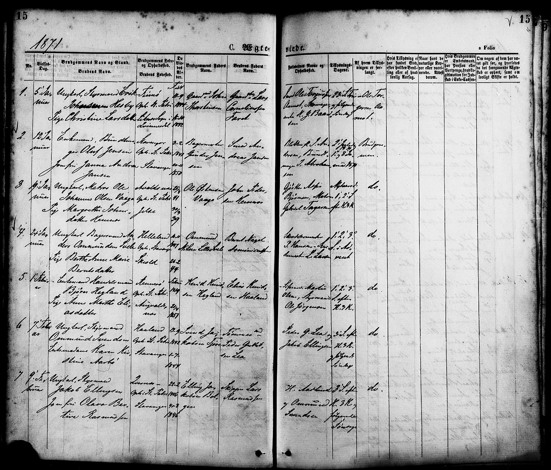 St. Petri sokneprestkontor, SAST/A-101813/001/30/30BA/L0010: Parish register (official) no. A 10, 1869-1878, p. 15