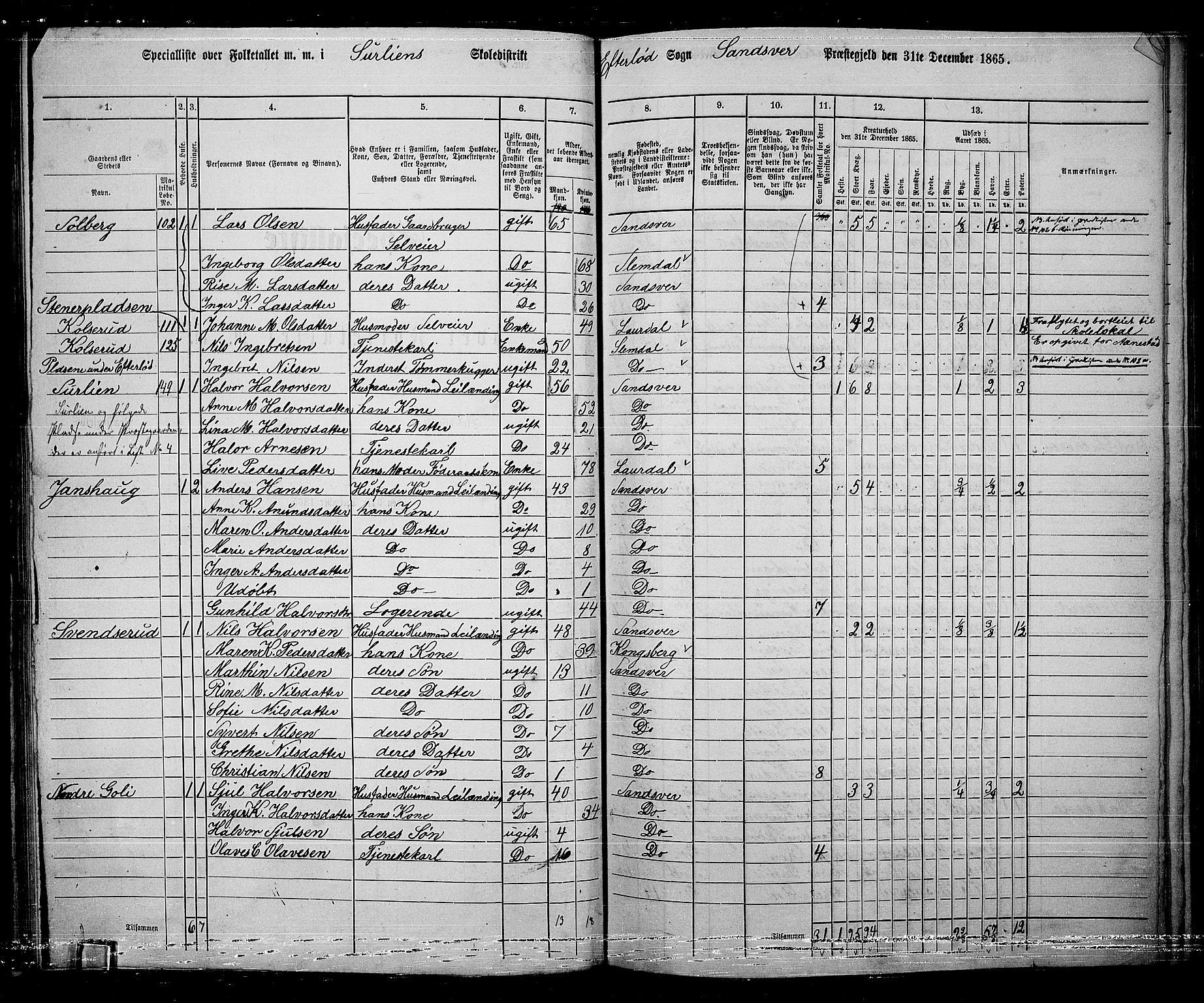 RA, 1865 census for Sandsvær, 1865, p. 64