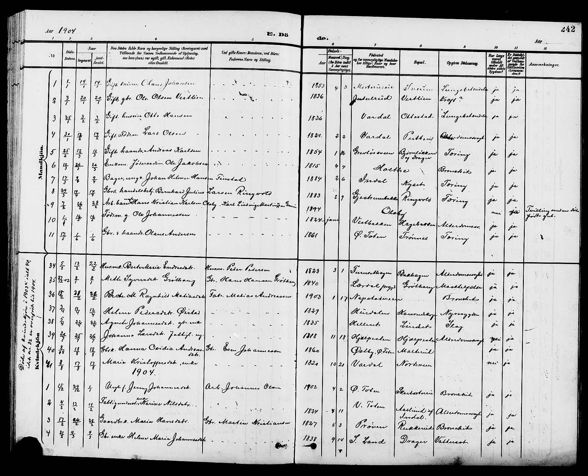 Vestre Toten prestekontor, SAH/PREST-108/H/Ha/Hab/L0010: Parish register (copy) no. 10, 1900-1912, p. 242