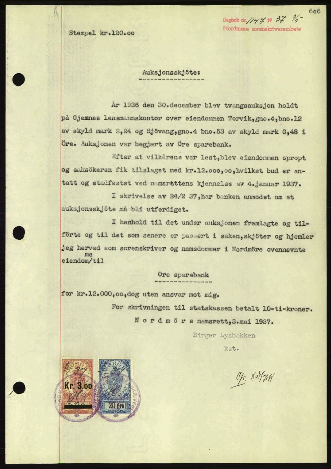 Nordmøre sorenskriveri, AV/SAT-A-4132/1/2/2Ca: Mortgage book no. A81, 1937-1937, Diary no: : 1147/1937