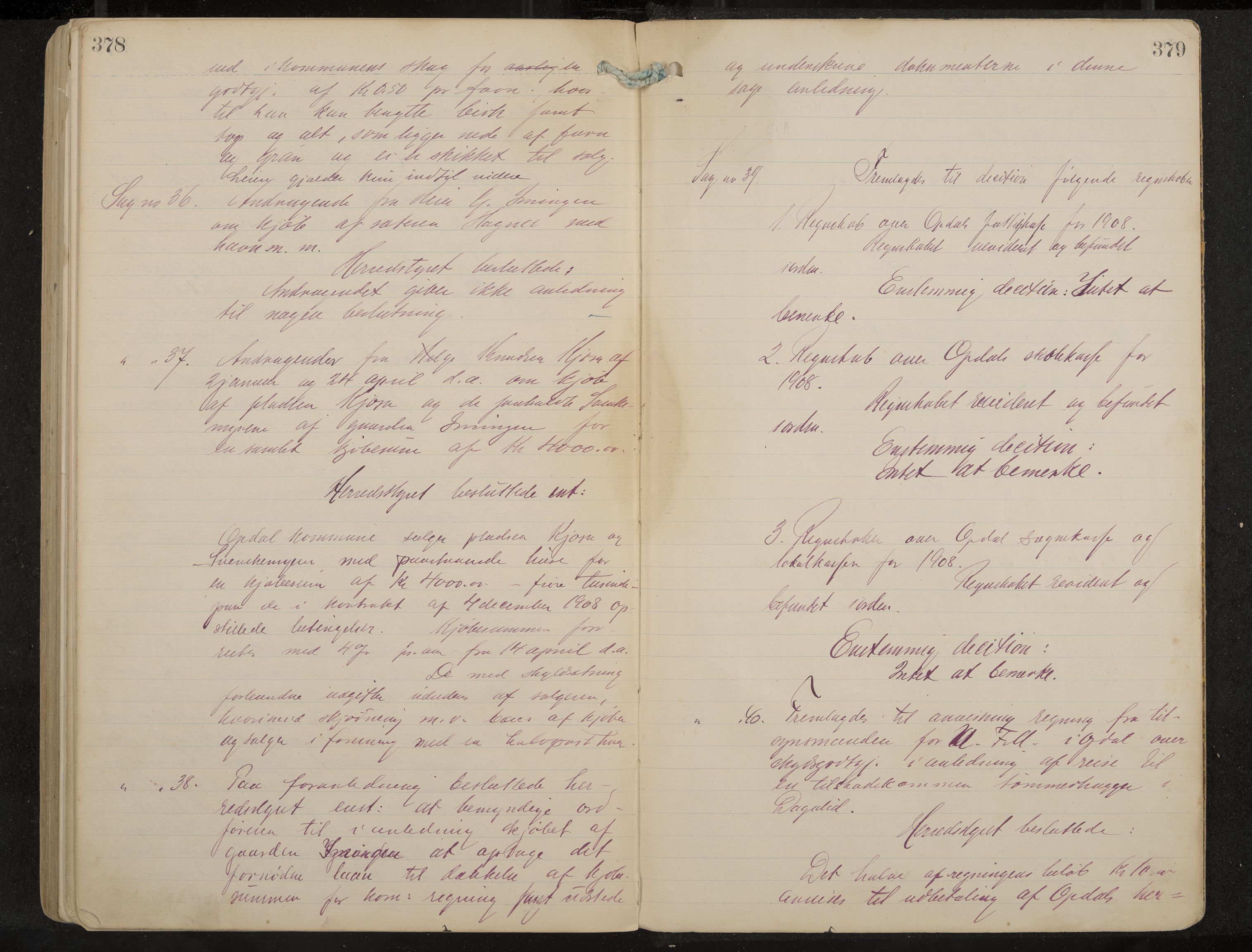 Uvdal formannskap og sentraladministrasjon, IKAK/0634021/A/Aa/L0001: Møtebok, 1901-1909, p. 378-379