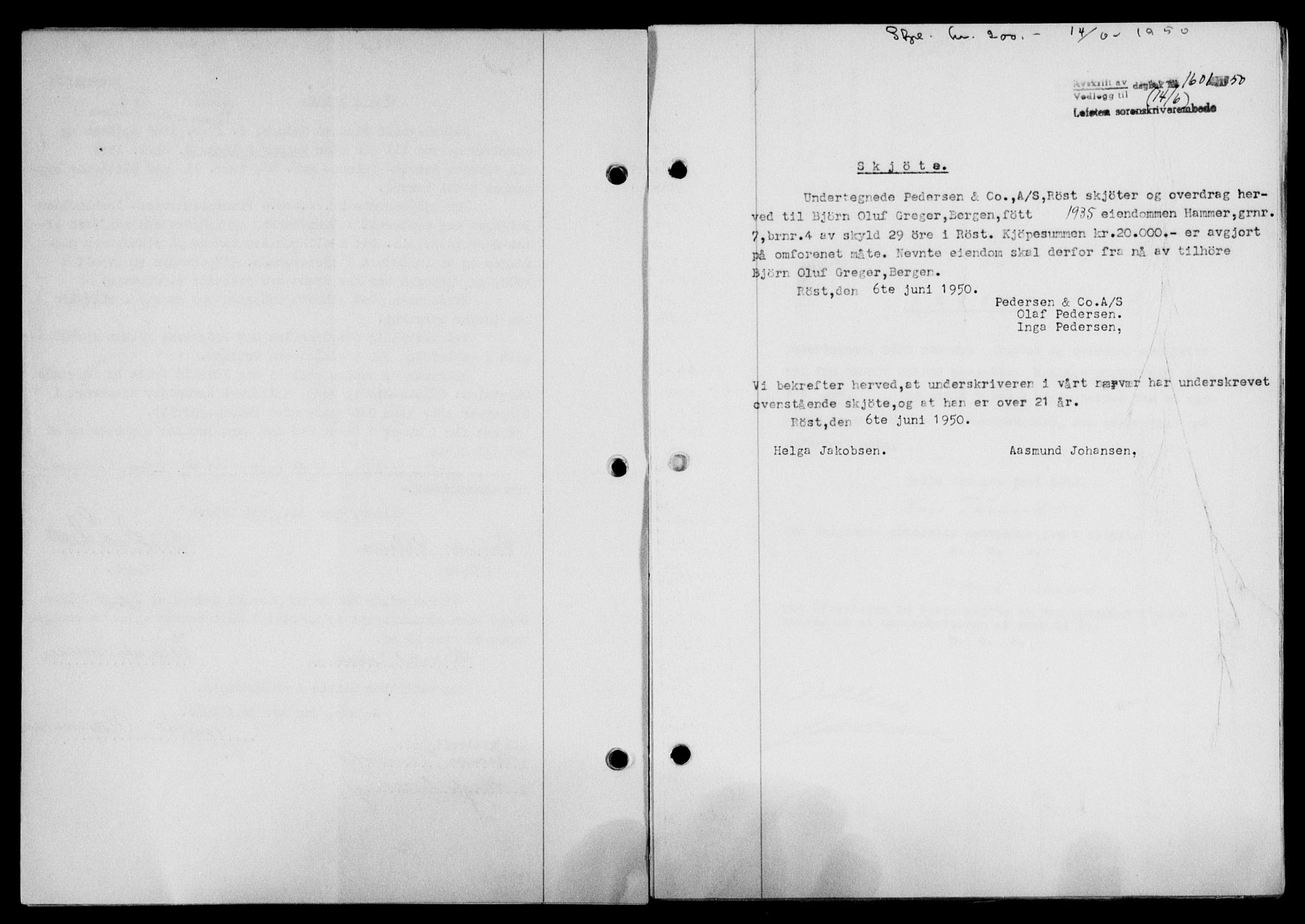 Lofoten sorenskriveri, SAT/A-0017/1/2/2C/L0023a: Mortgage book no. 23a, 1950-1950, Diary no: : 1601/1950