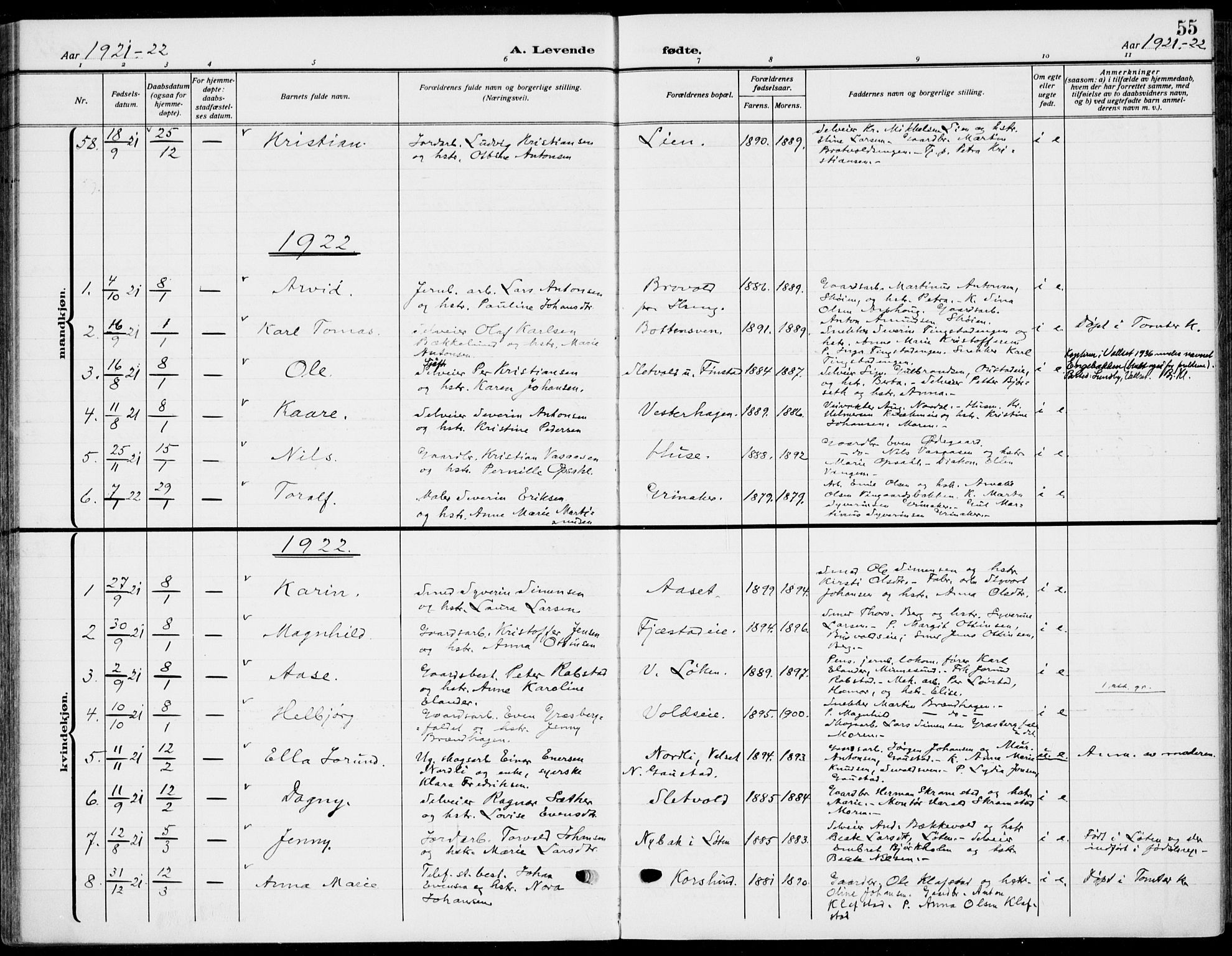 Romedal prestekontor, SAH/PREST-004/K/L0012: Parish register (official) no. 12, 1913-1935, p. 55