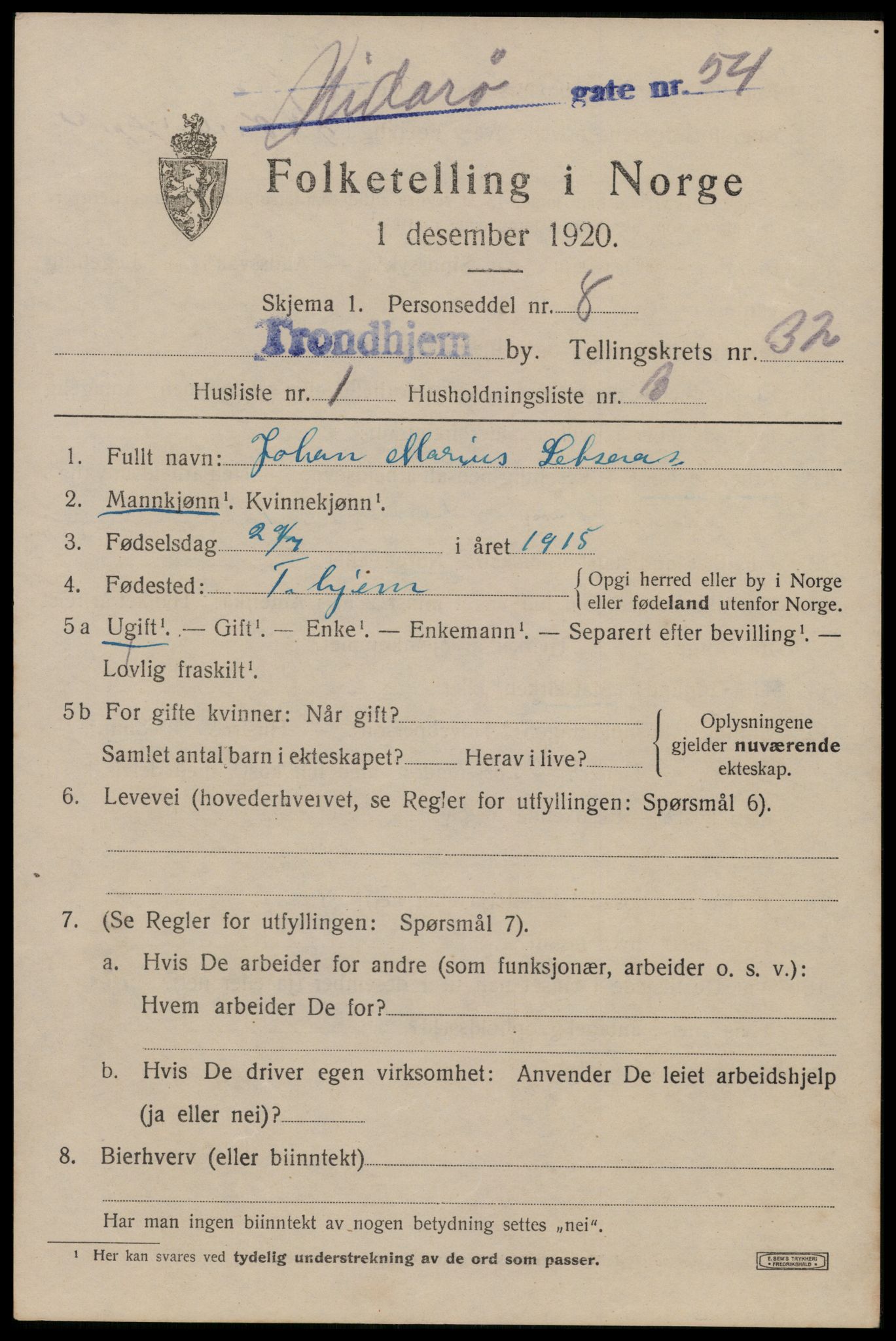 SAT, 1920 census for Trondheim, 1920, p. 77228