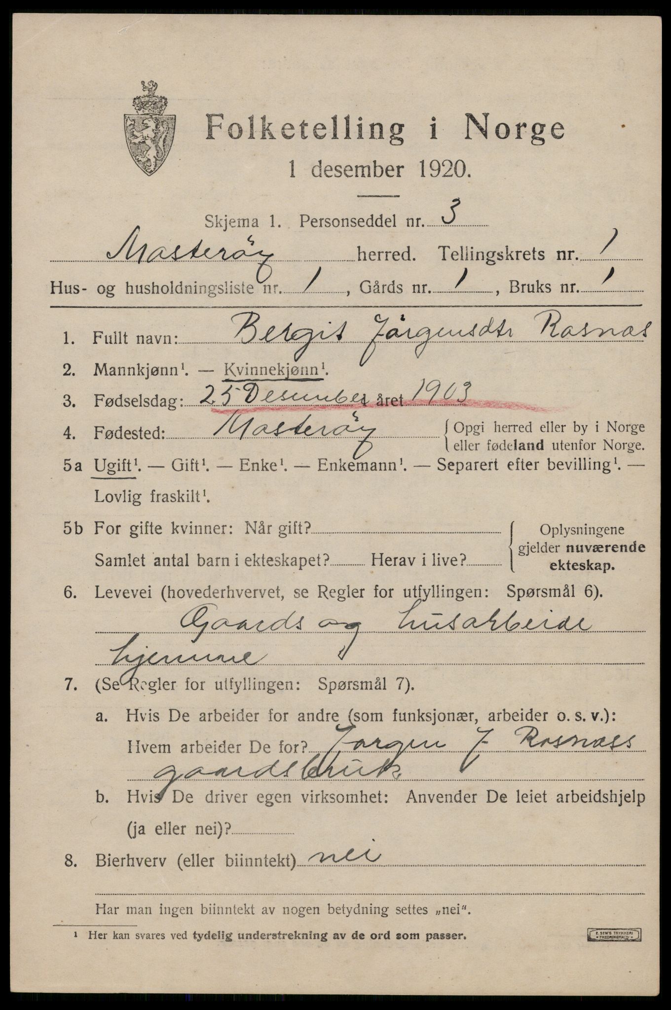 SAST, 1920 census for Mosterøy, 1920, p. 532