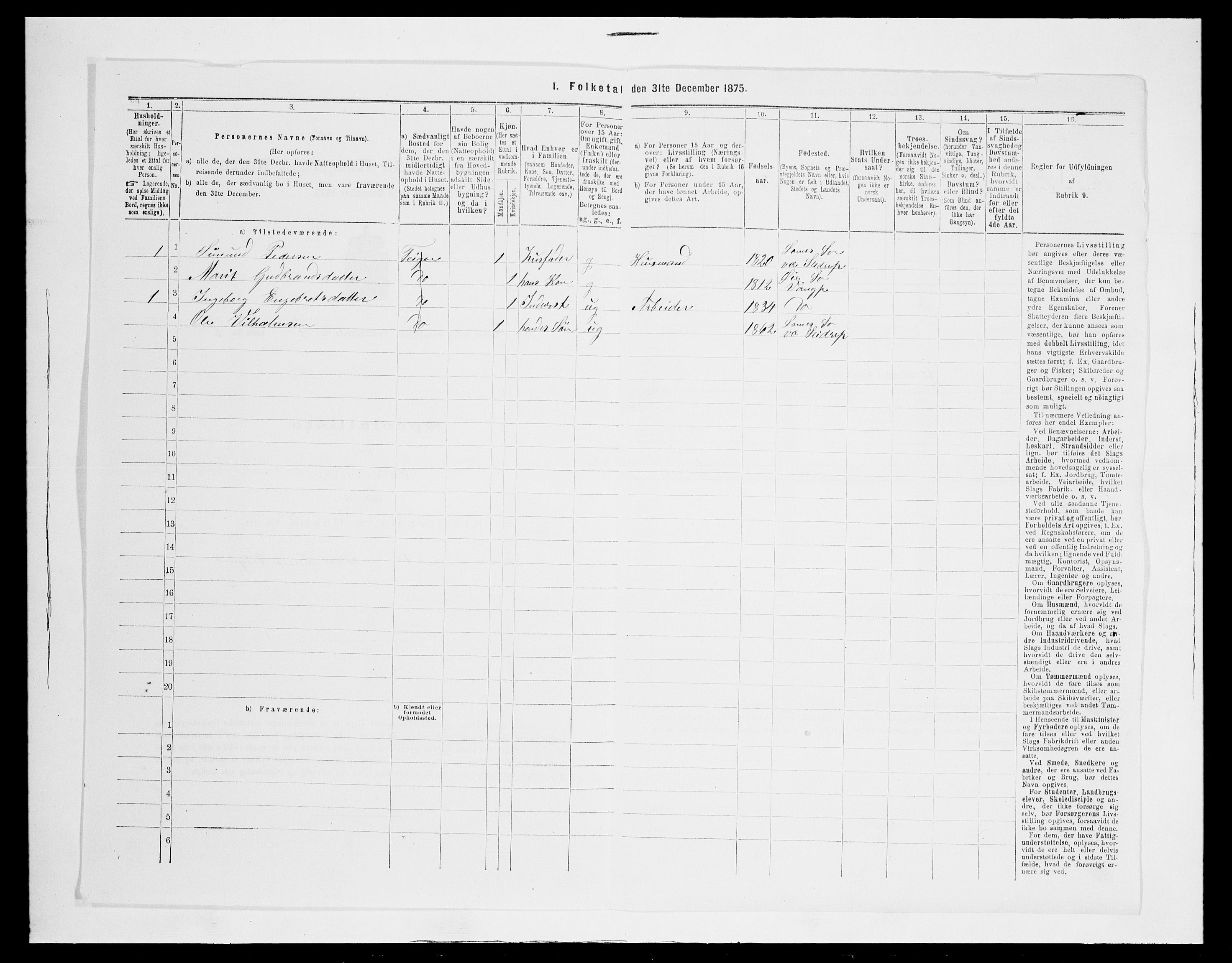 SAH, 1875 census for 0543P Vestre Slidre, 1875, p. 74