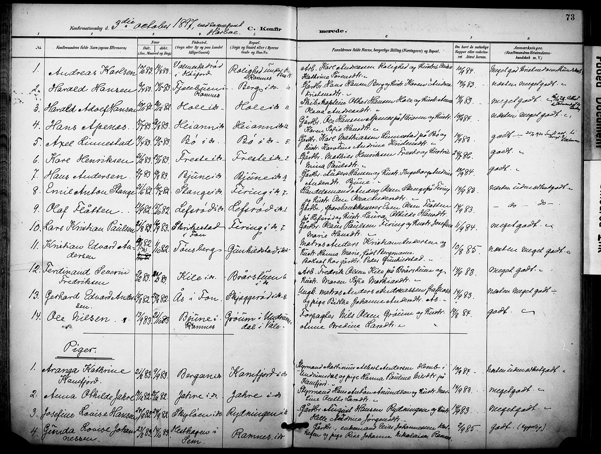 Ramnes kirkebøker, AV/SAKO-A-314/F/Fa/L0008: Parish register (official) no. I 8, 1896-1913, p. 73