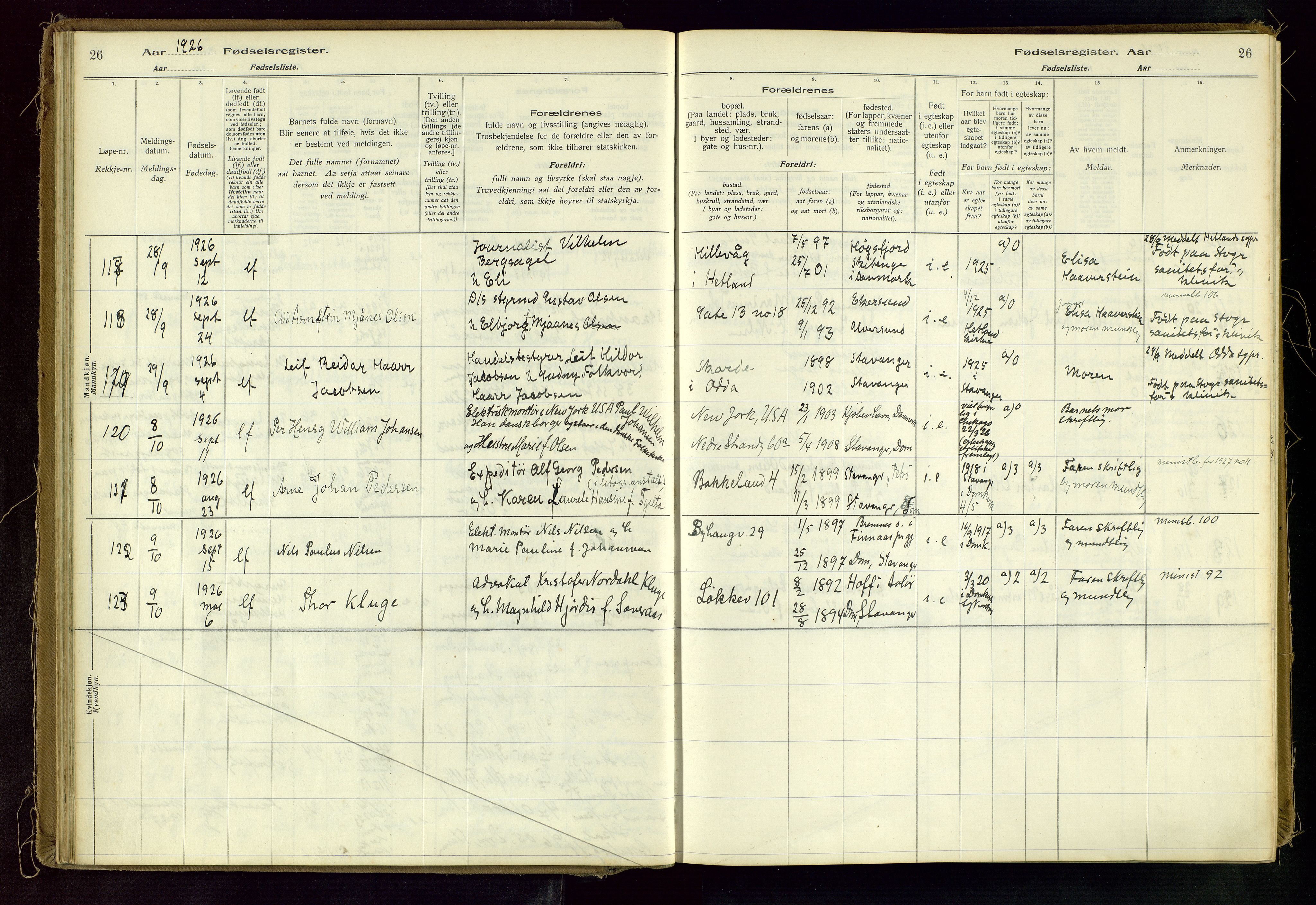 Domkirken sokneprestkontor, AV/SAST-A-101812/002/A/L0001: Birth register no. 1, 1925-1932, p. 26