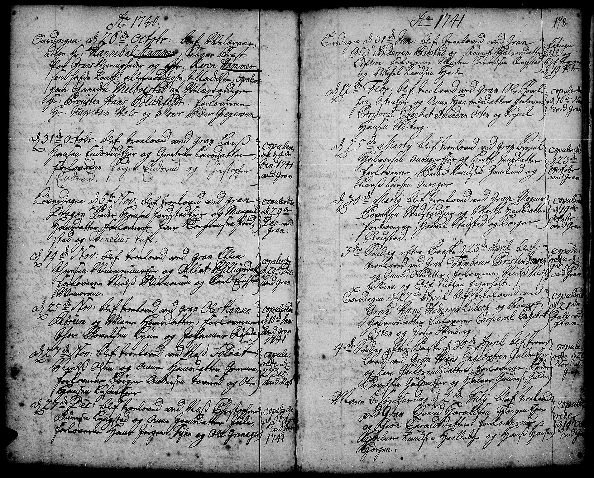 Gran prestekontor, SAH/PREST-112/H/Ha/Haa/L0002: Parish register (official) no. 2, 1732-1744, p. 178