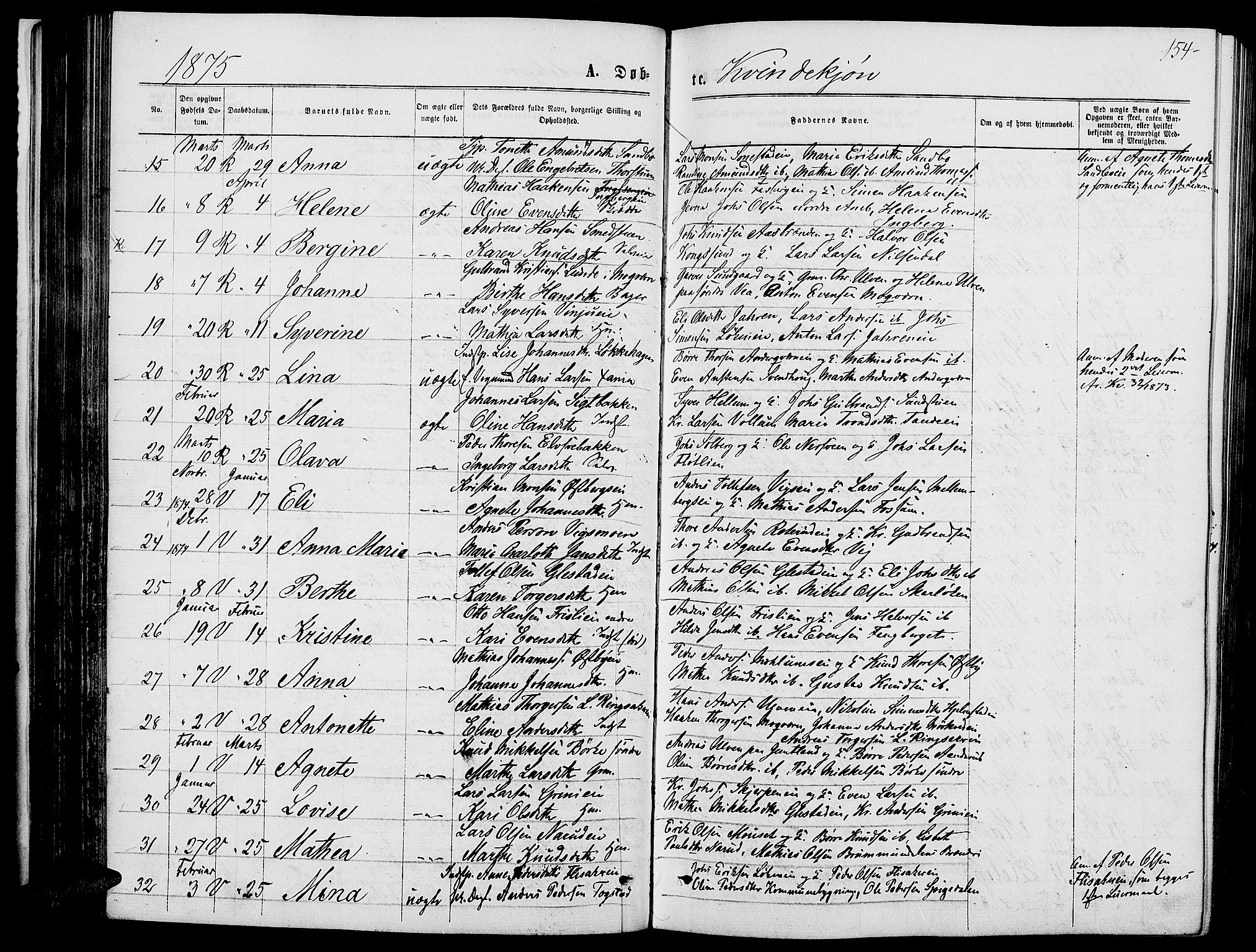 Ringsaker prestekontor, AV/SAH-PREST-014/L/La/L0008: Parish register (copy) no. 8, 1870-1878, p. 154