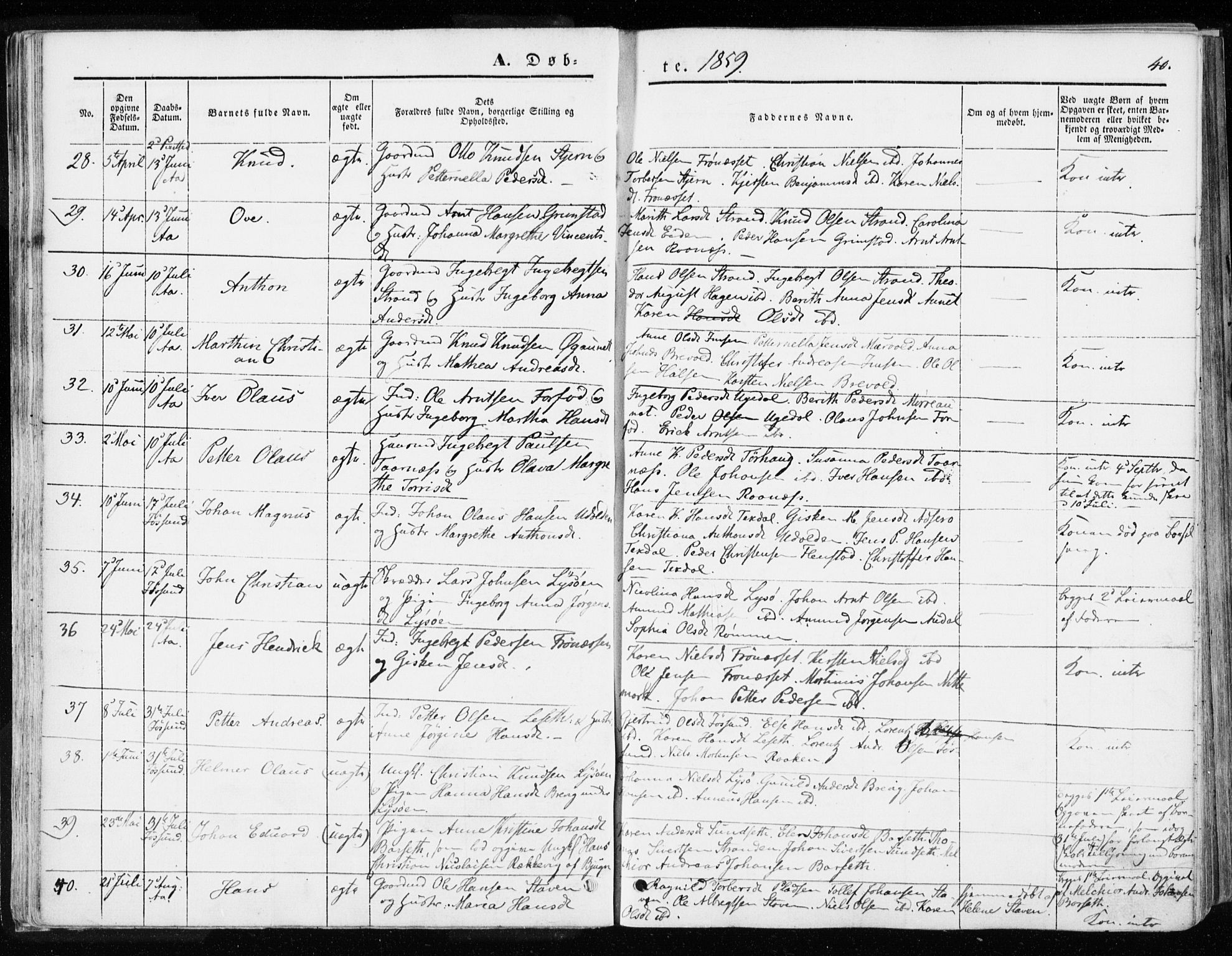 Ministerialprotokoller, klokkerbøker og fødselsregistre - Sør-Trøndelag, SAT/A-1456/655/L0677: Parish register (official) no. 655A06, 1847-1860, p. 40
