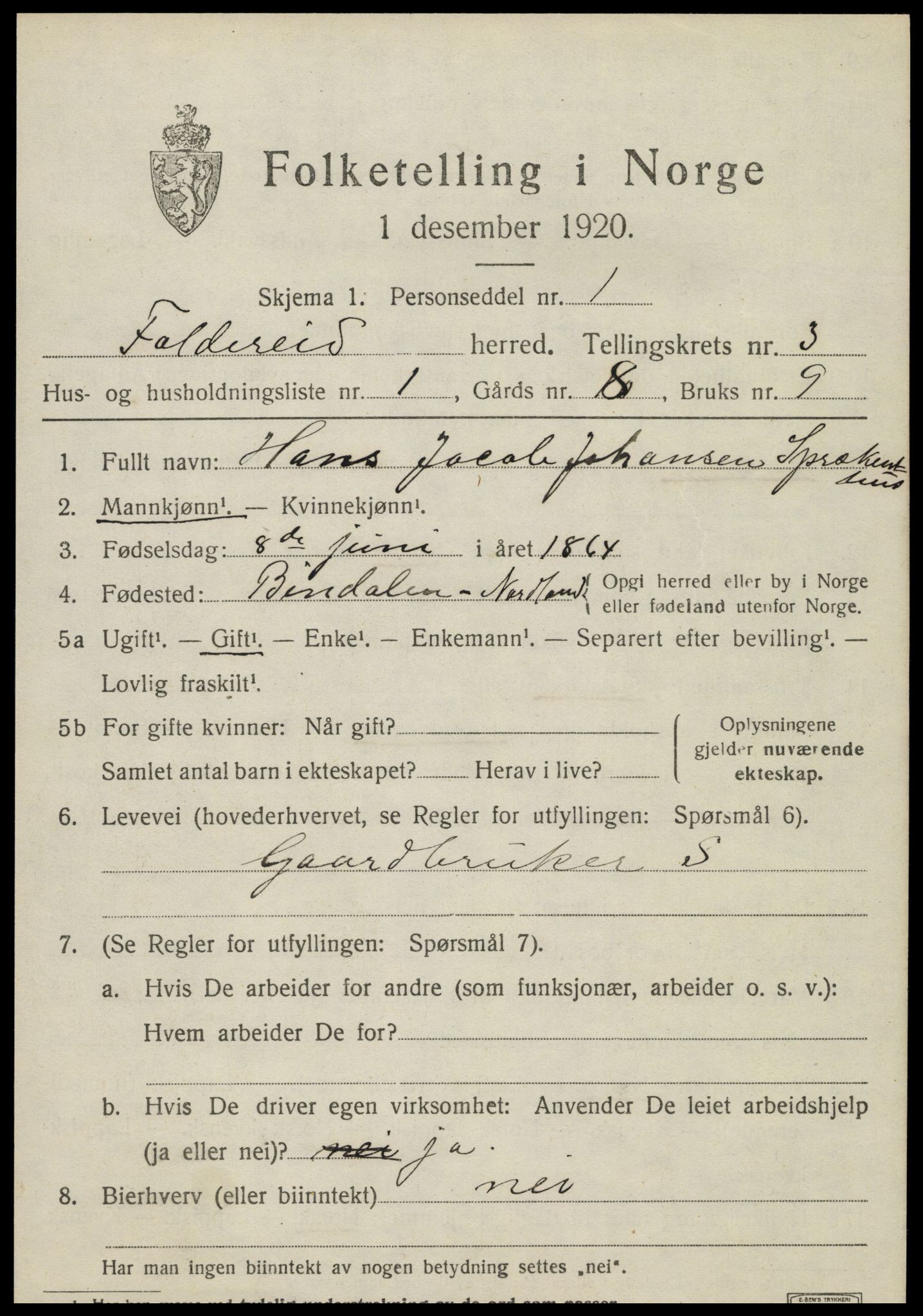 SAT, 1920 census for Foldereid, 1920, p. 1174