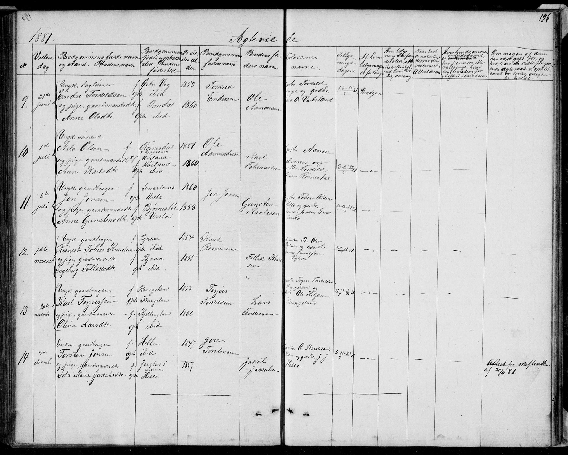 Hægebostad sokneprestkontor, AV/SAK-1111-0024/F/Fb/Fba/L0002: Parish register (copy) no. B 2, 1851-1882, p. 196