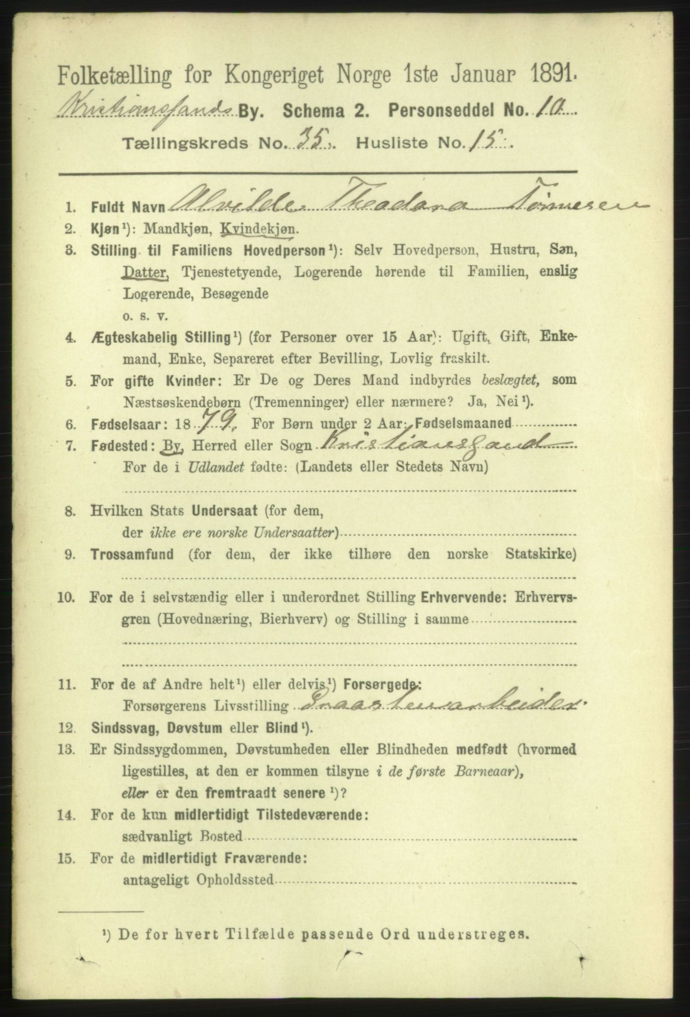 RA, 1891 census for 1001 Kristiansand, 1891, p. 11218