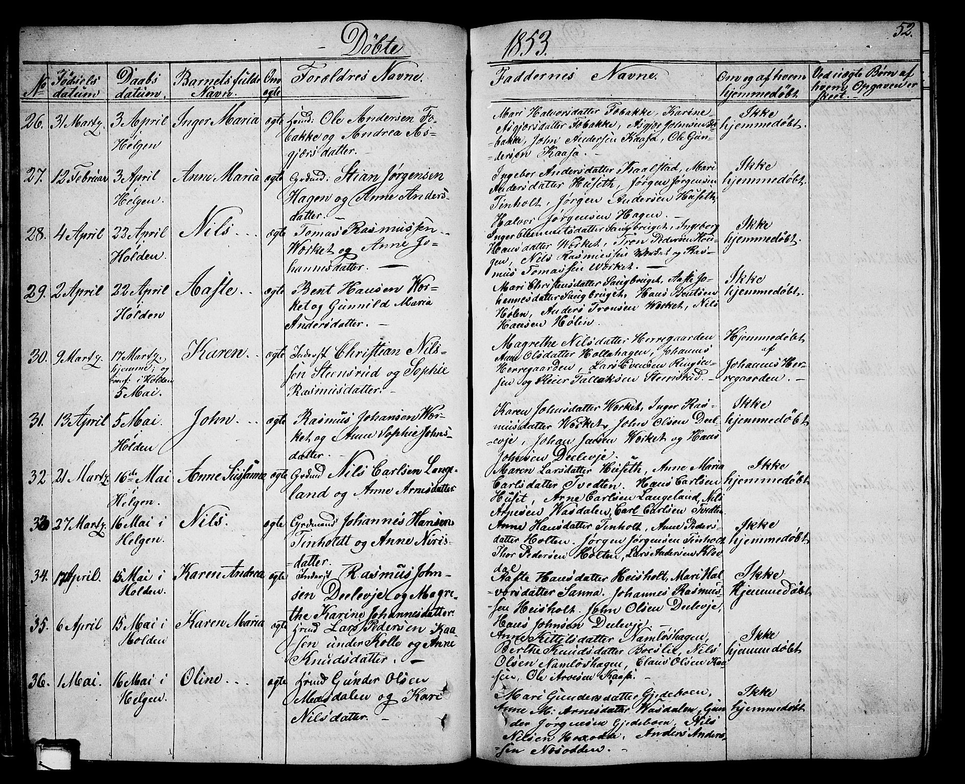 Holla kirkebøker, AV/SAKO-A-272/G/Ga/L0003: Parish register (copy) no. I 3, 1849-1866, p. 52