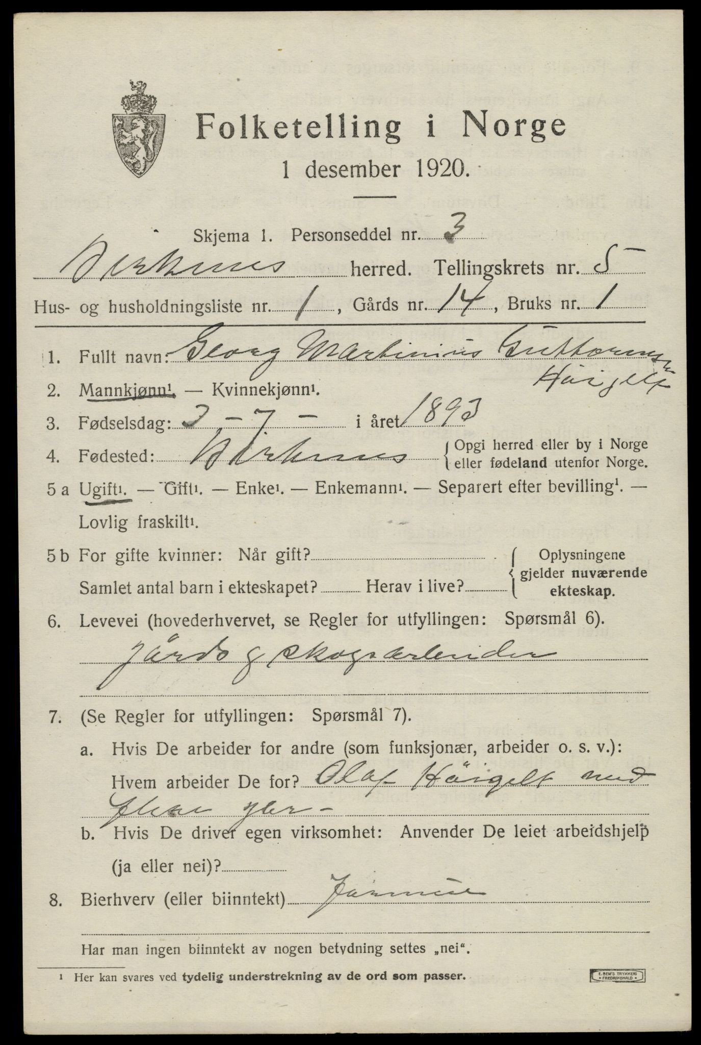 SAK, 1920 census for Birkenes, 1920, p. 3019