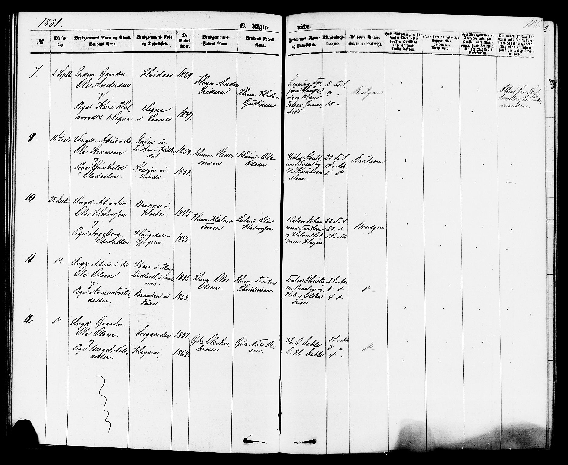 Sauherad kirkebøker, AV/SAKO-A-298/F/Fa/L0008: Parish register (official) no. I 8, 1873-1886, p. 186