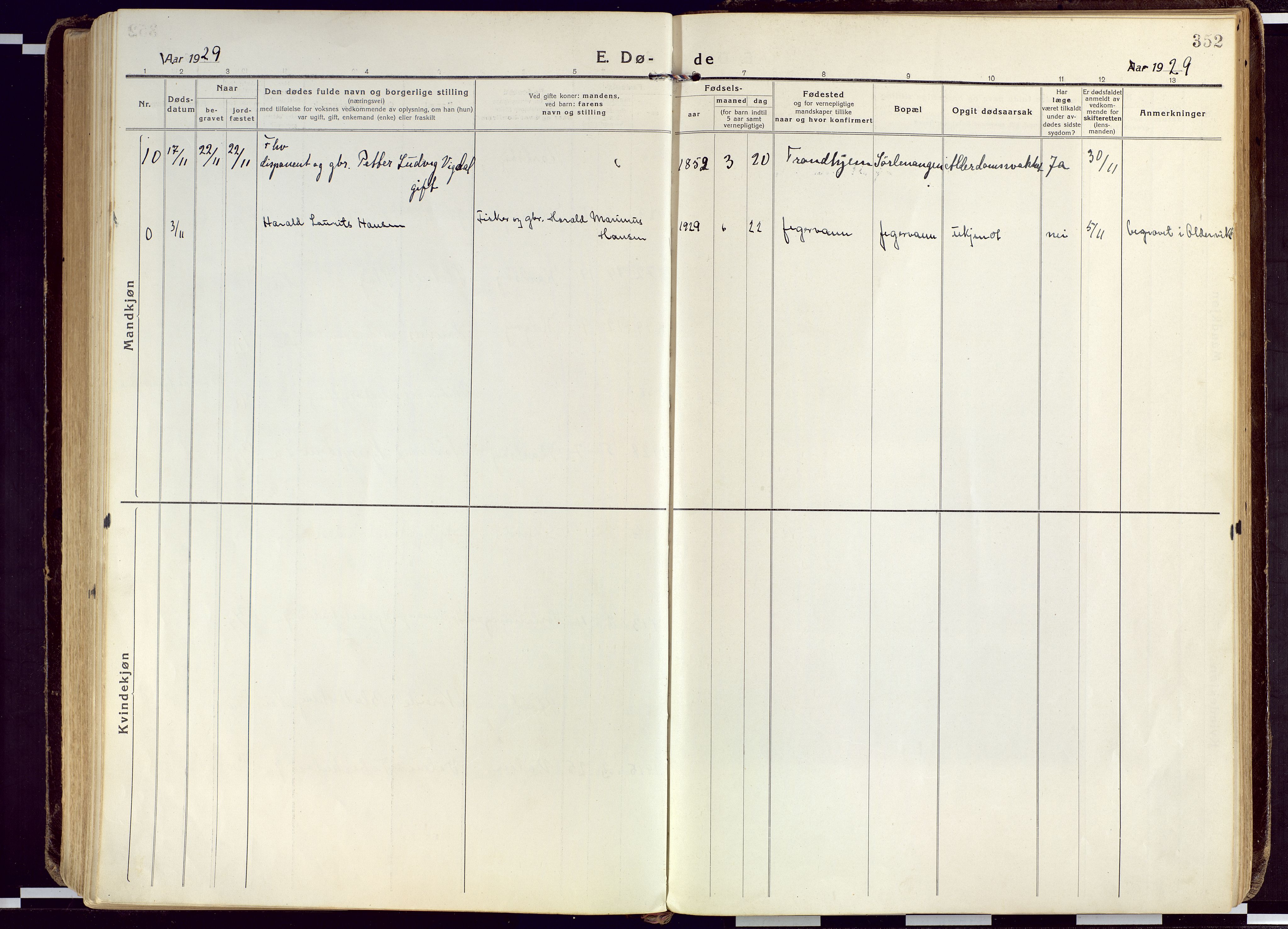 Karlsøy sokneprestembete, AV/SATØ-S-1299/H/Ha/Haa/L0015kirke: Parish register (official) no. 15, 1918-1929, p. 352