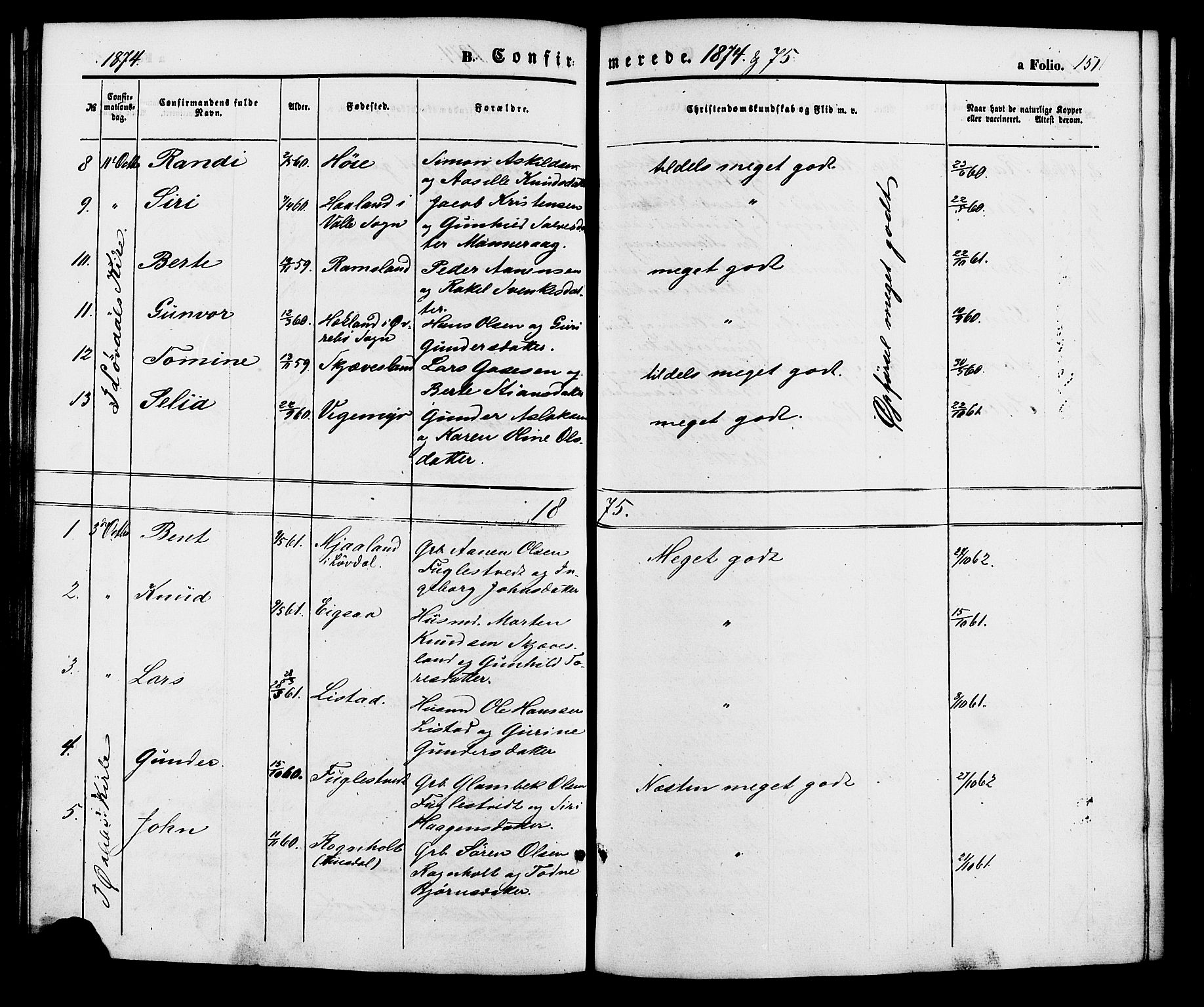 Holum sokneprestkontor, AV/SAK-1111-0022/F/Fa/Fac/L0003: Parish register (official) no. A 3, 1860-1883, p. 151