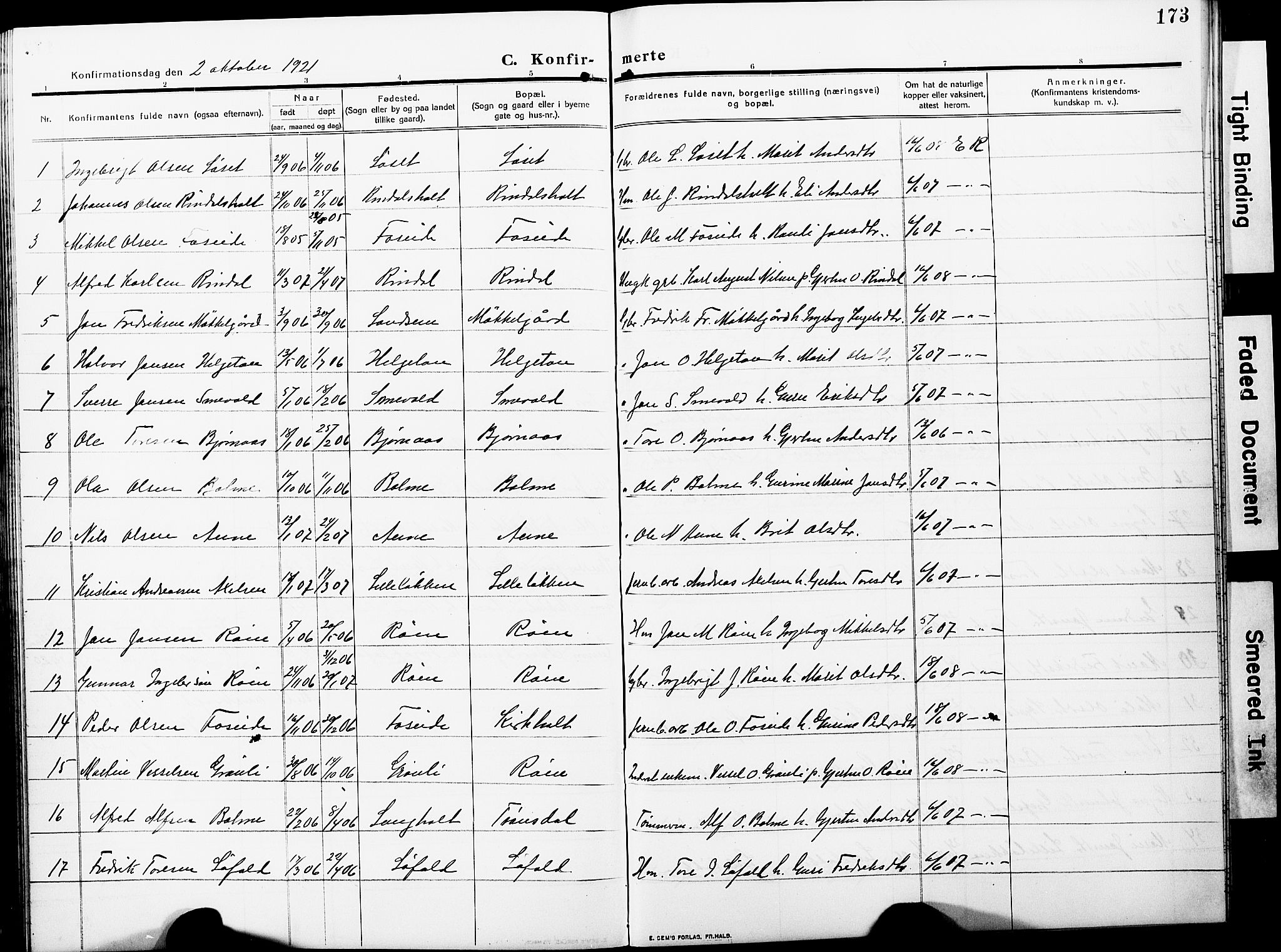 Ministerialprotokoller, klokkerbøker og fødselsregistre - Møre og Romsdal, AV/SAT-A-1454/598/L1079: Parish register (copy) no. 598C04, 1909-1927, p. 173