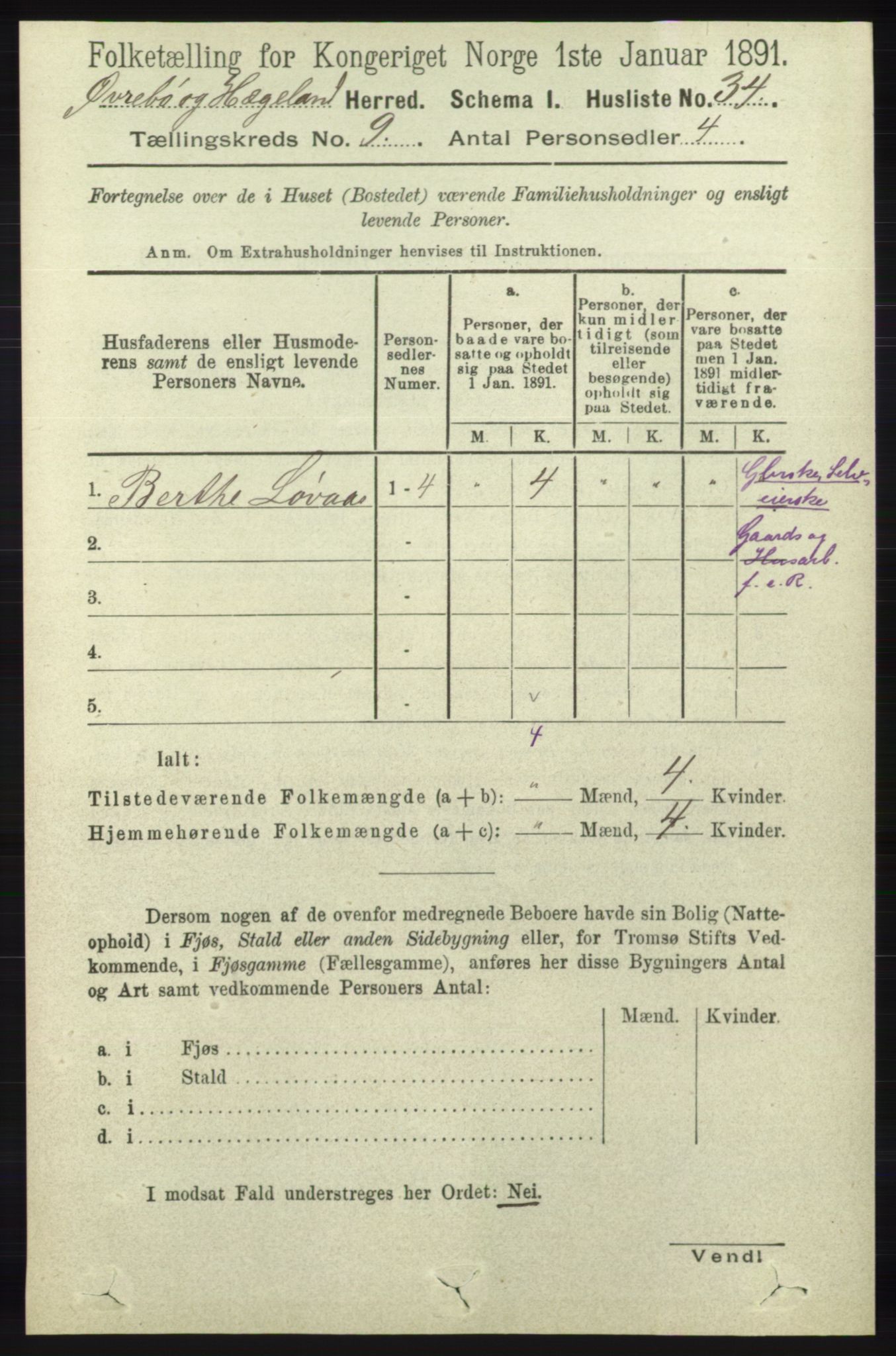 RA, 1891 census for 1016 Øvrebø og Hægeland, 1891, p. 1738