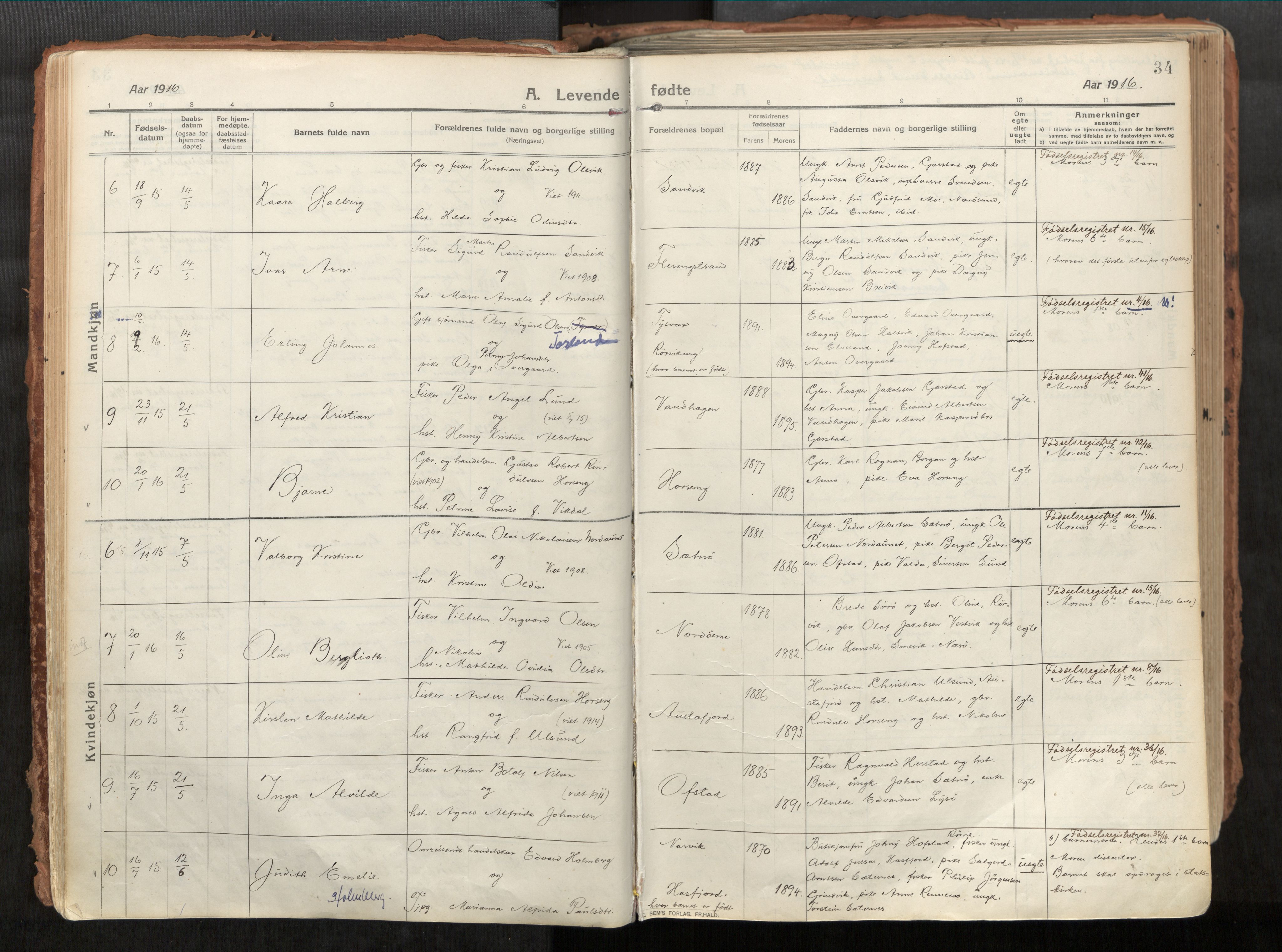 Vikna sokneprestkontor, AV/SAT-A-1173/1/I/I1/I1a/L0001: Parish register (official) no. 1, 1913-1934, p. 34