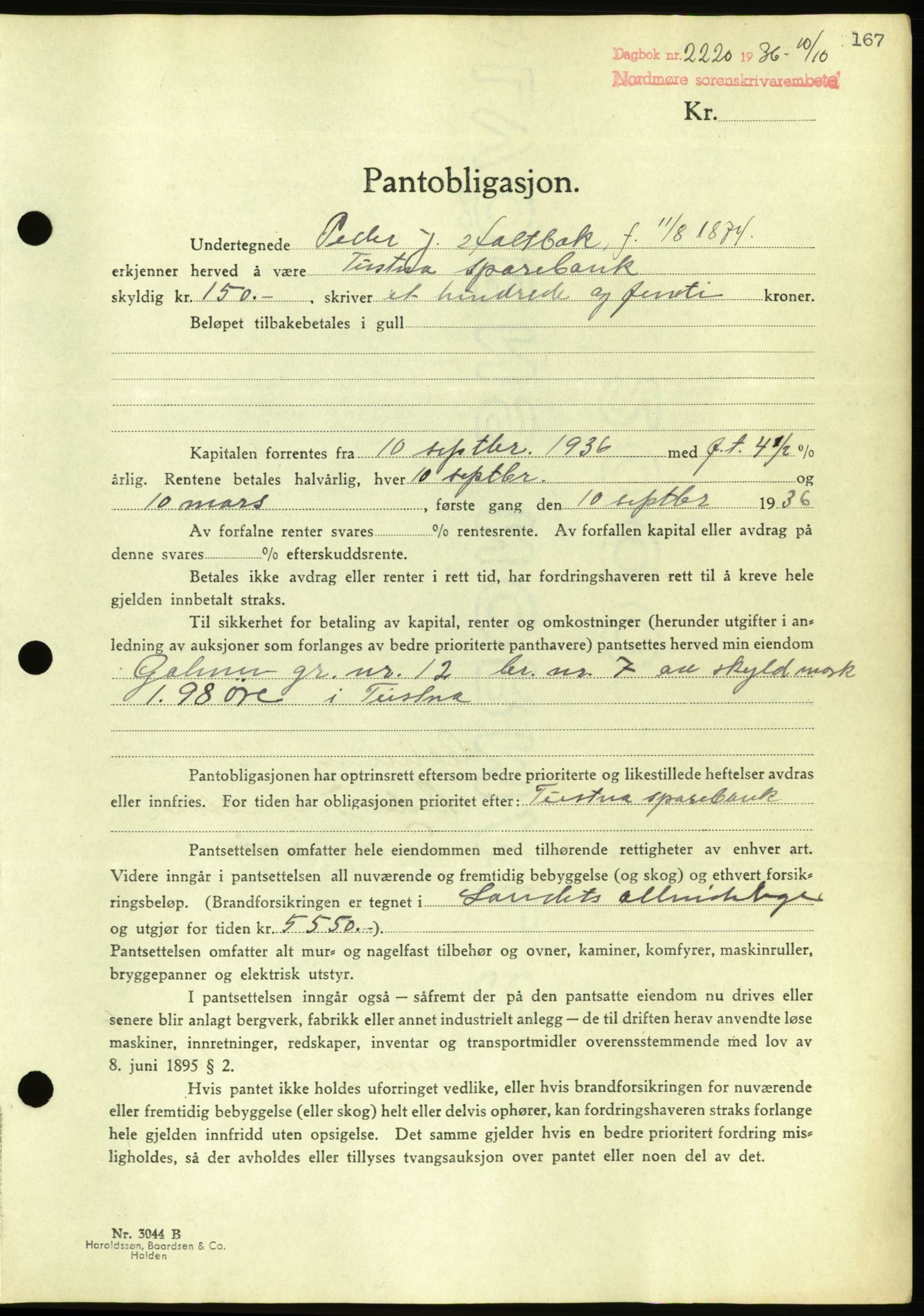 Nordmøre sorenskriveri, AV/SAT-A-4132/1/2/2Ca/L0090: Mortgage book no. B80, 1936-1937, Diary no: : 2220/1936