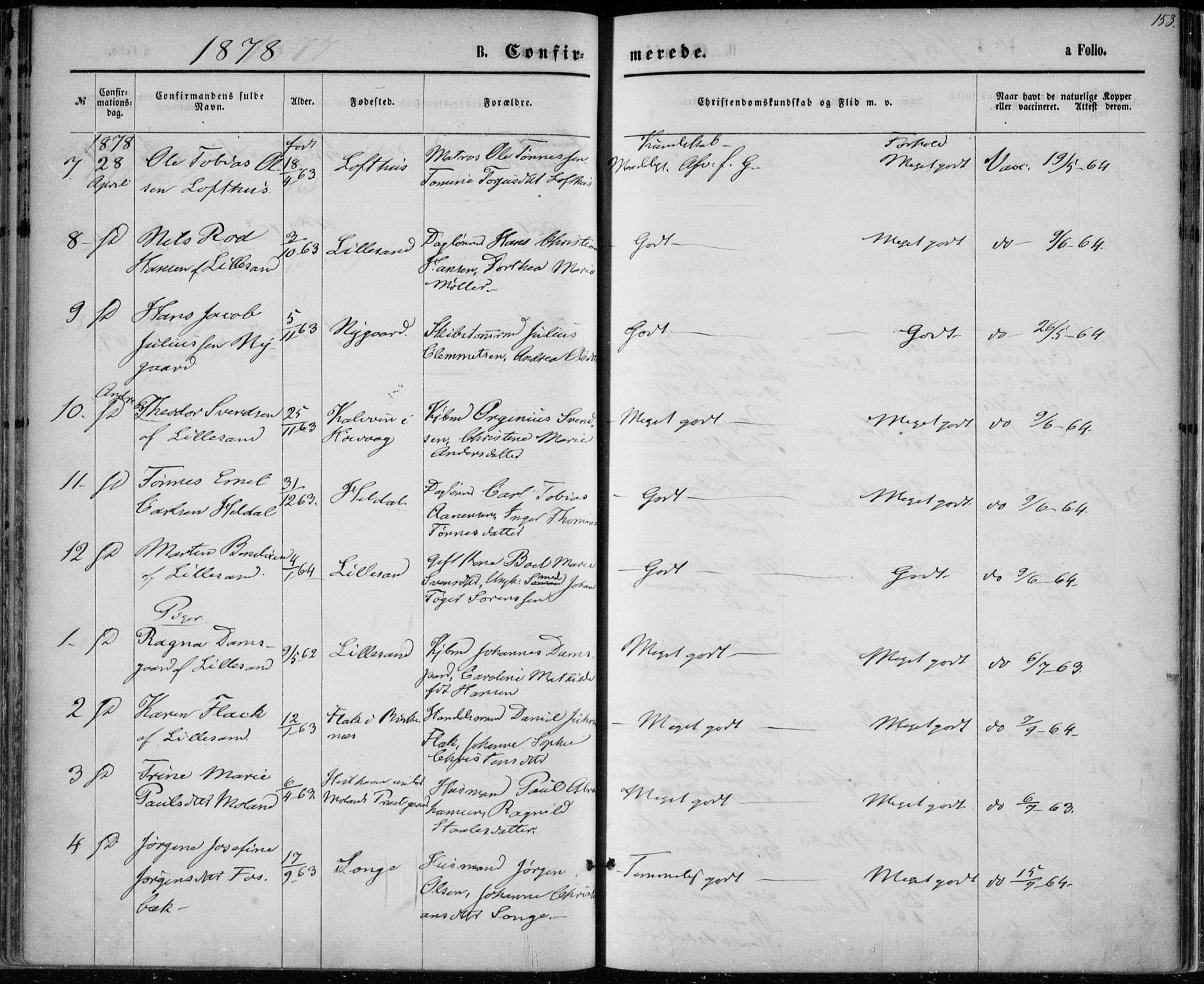 Vestre Moland sokneprestkontor, AV/SAK-1111-0046/F/Fa/Fab/L0008: Parish register (official) no. A 8, 1873-1883, p. 153