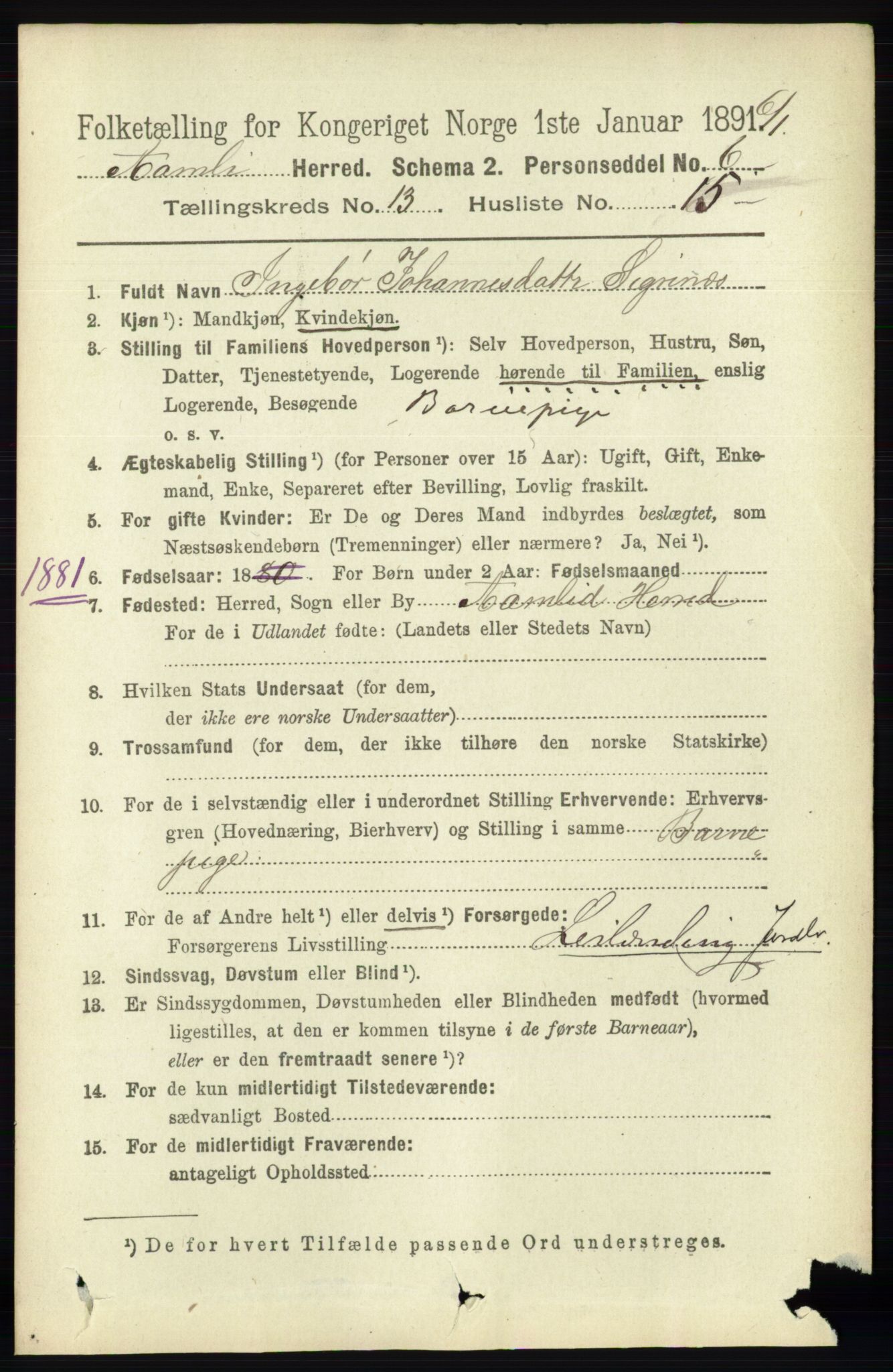 RA, 1891 census for 0929 Åmli, 1891, p. 2224